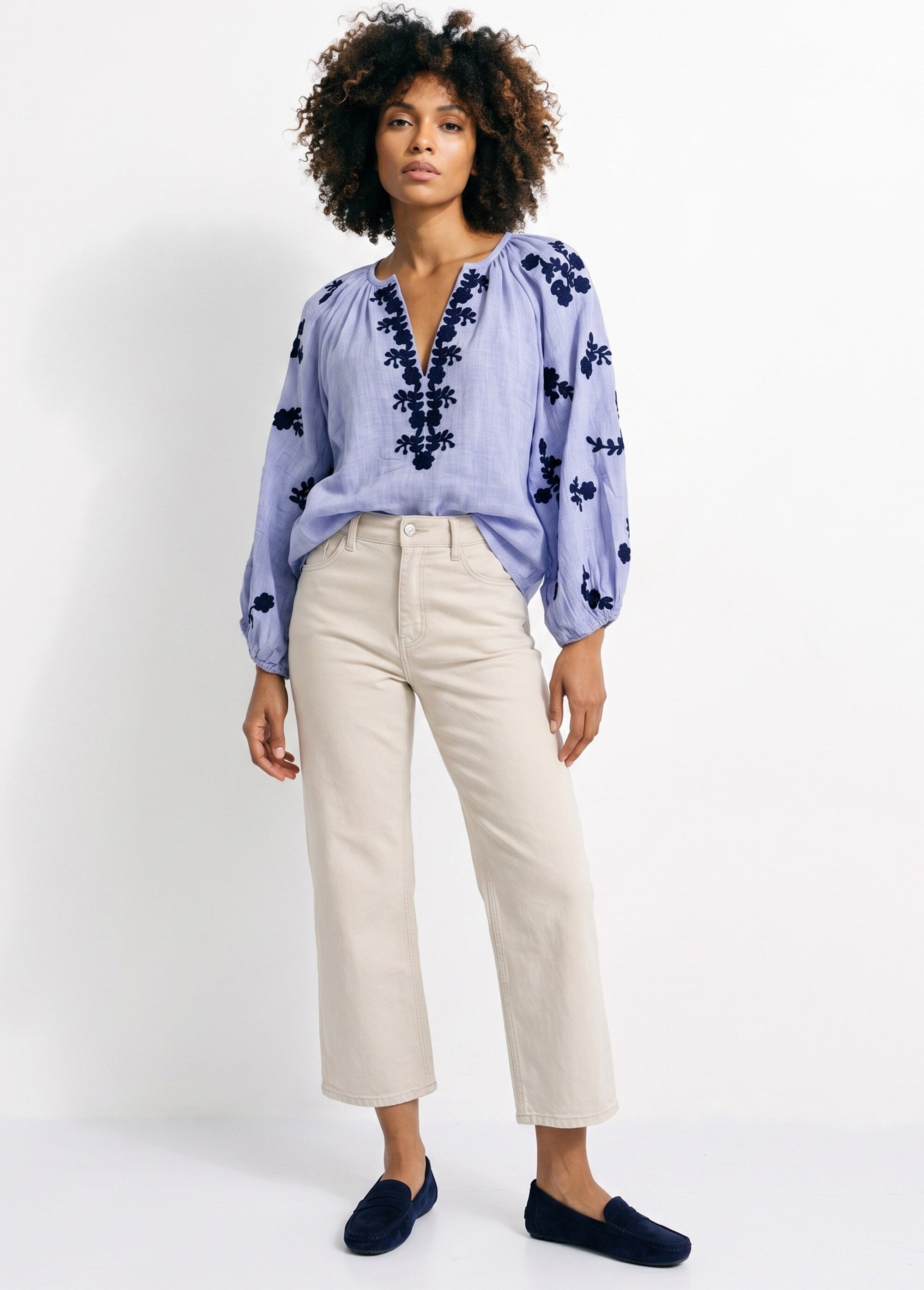 Blouse voile coton et broderies fleurs Femme Bleu JSM-TOP3730 SI1