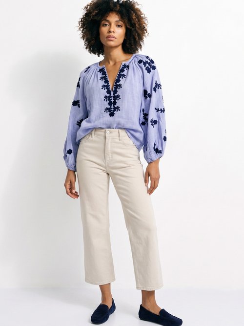 Blouse voile coton et broderies fleurs Femme Bleu JSM-TOP3730 SI1