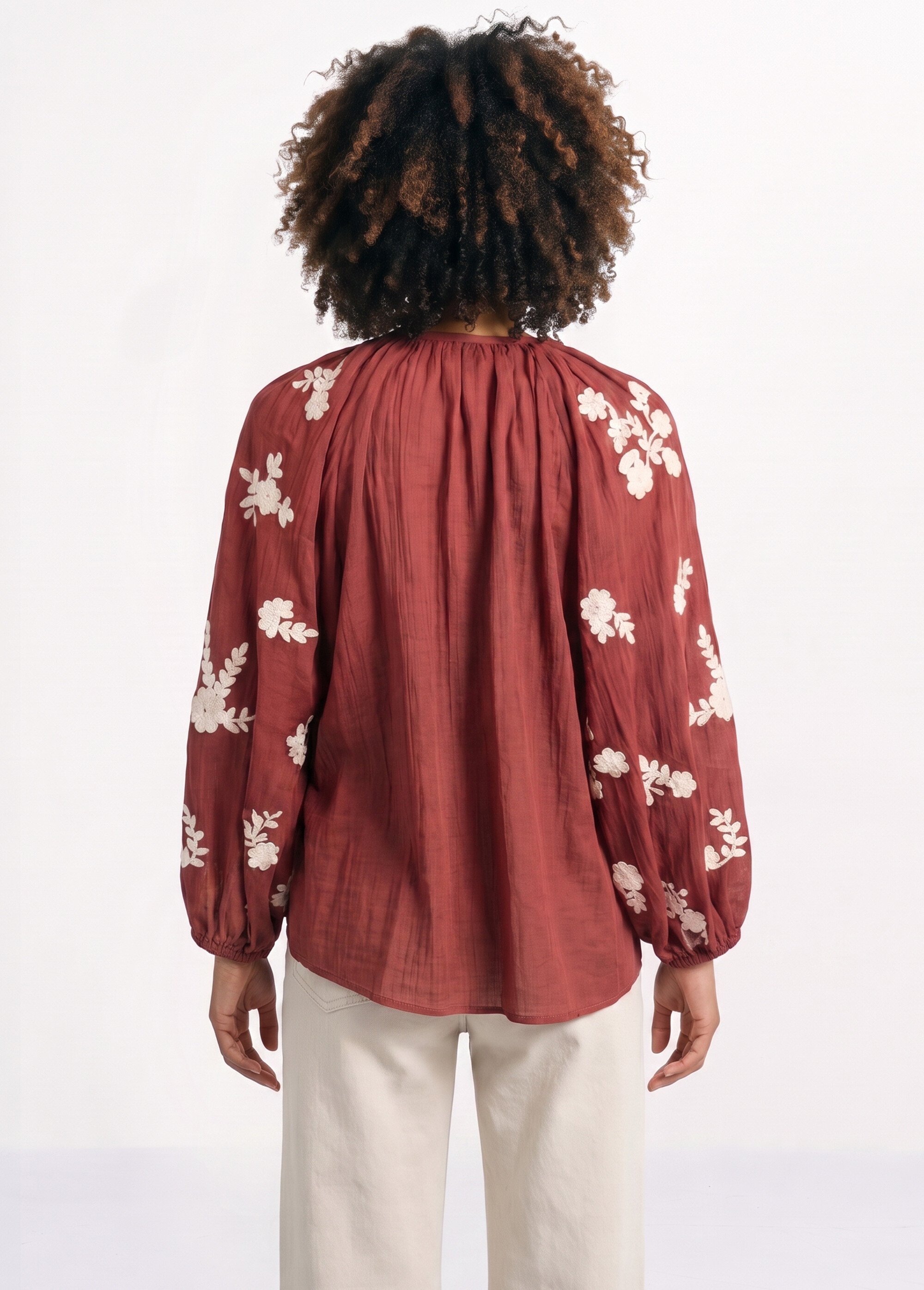 Blouse voile coton et broderies fleurs Femme Rouge JSM-TOP3730 DO1