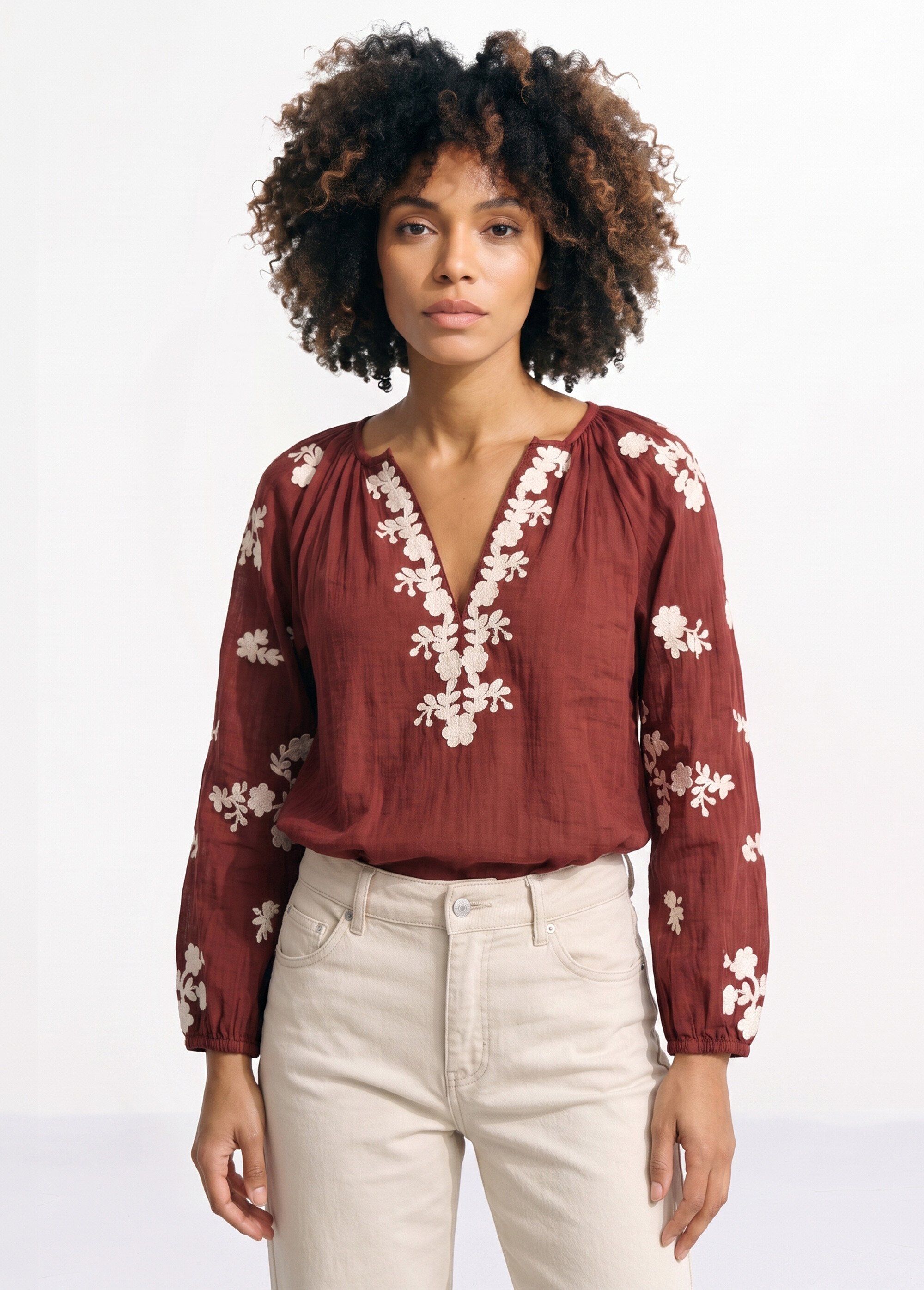 Blouse voile coton et broderies fleurs Femme Rouge JSM-TOP3730 FA1