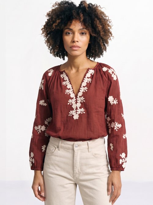 Blouse voile coton et broderies fleurs Femme Rouge JSM-TOP3730 FA1