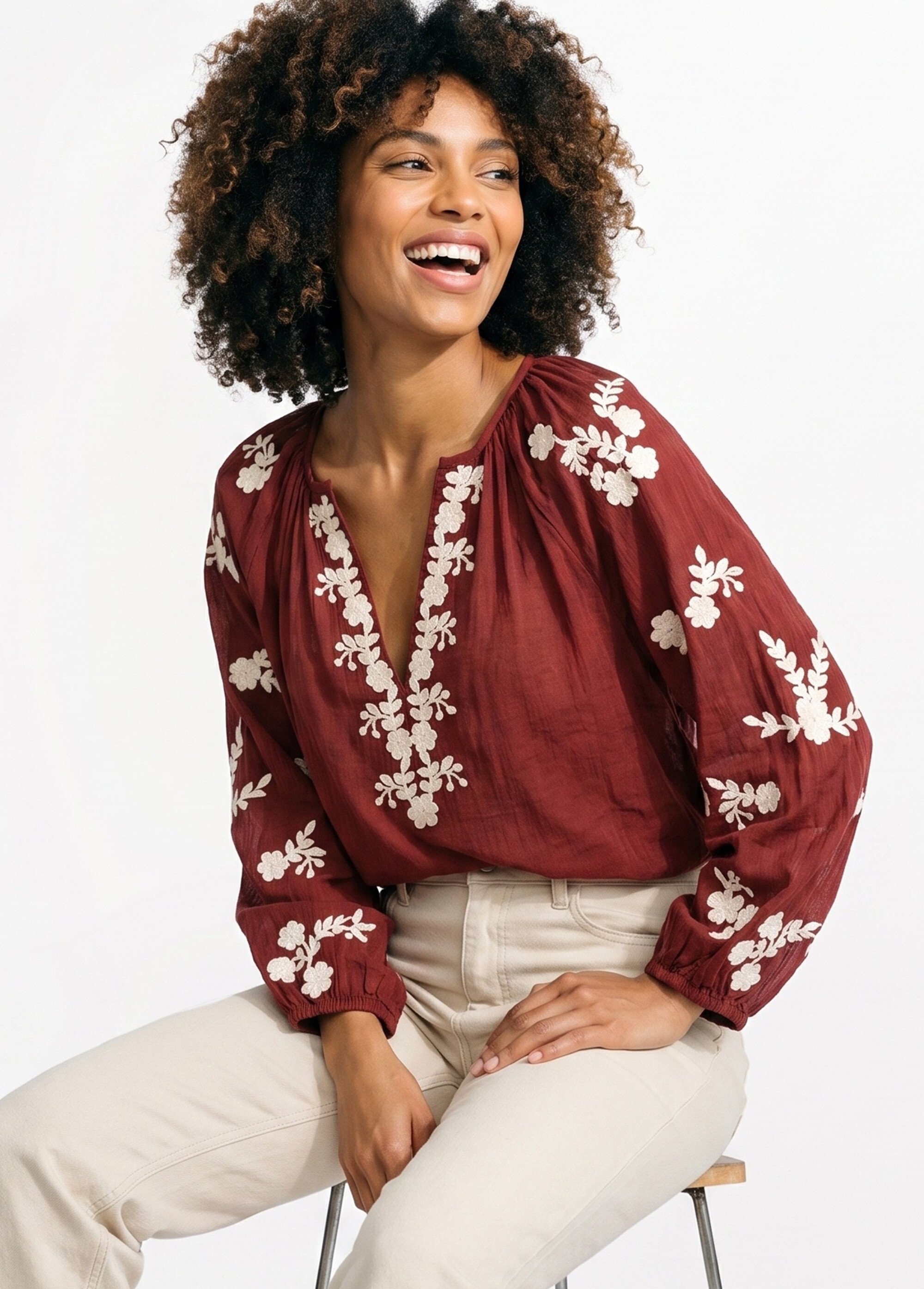 Blouse voile coton et broderies fleurs Femme Rouge JSM-TOP3730 MV1