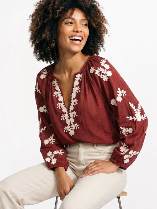 Blouse voile coton et broderies fleurs Femme Rouge JSM-TOP3730 MV1