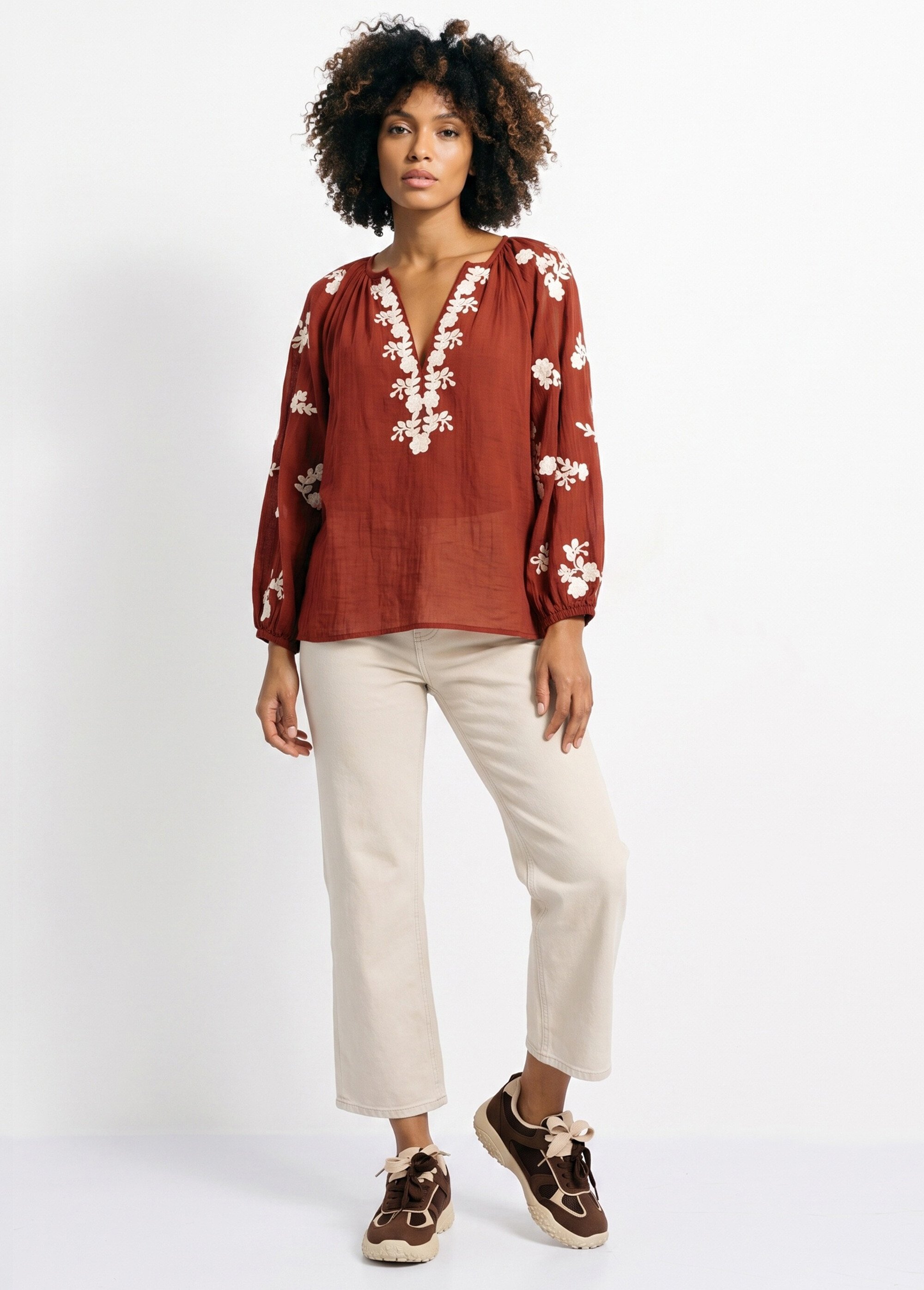 Blouse voile coton et broderies fleurs Femme Rouge JSM-TOP3730 SI1