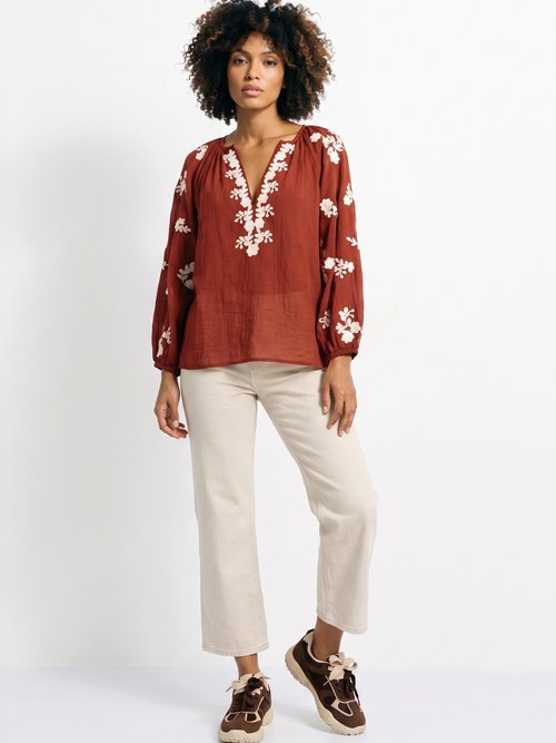 Blouse voile coton et broderies fleurs Femme Rouge JSM-TOP3730 SI1