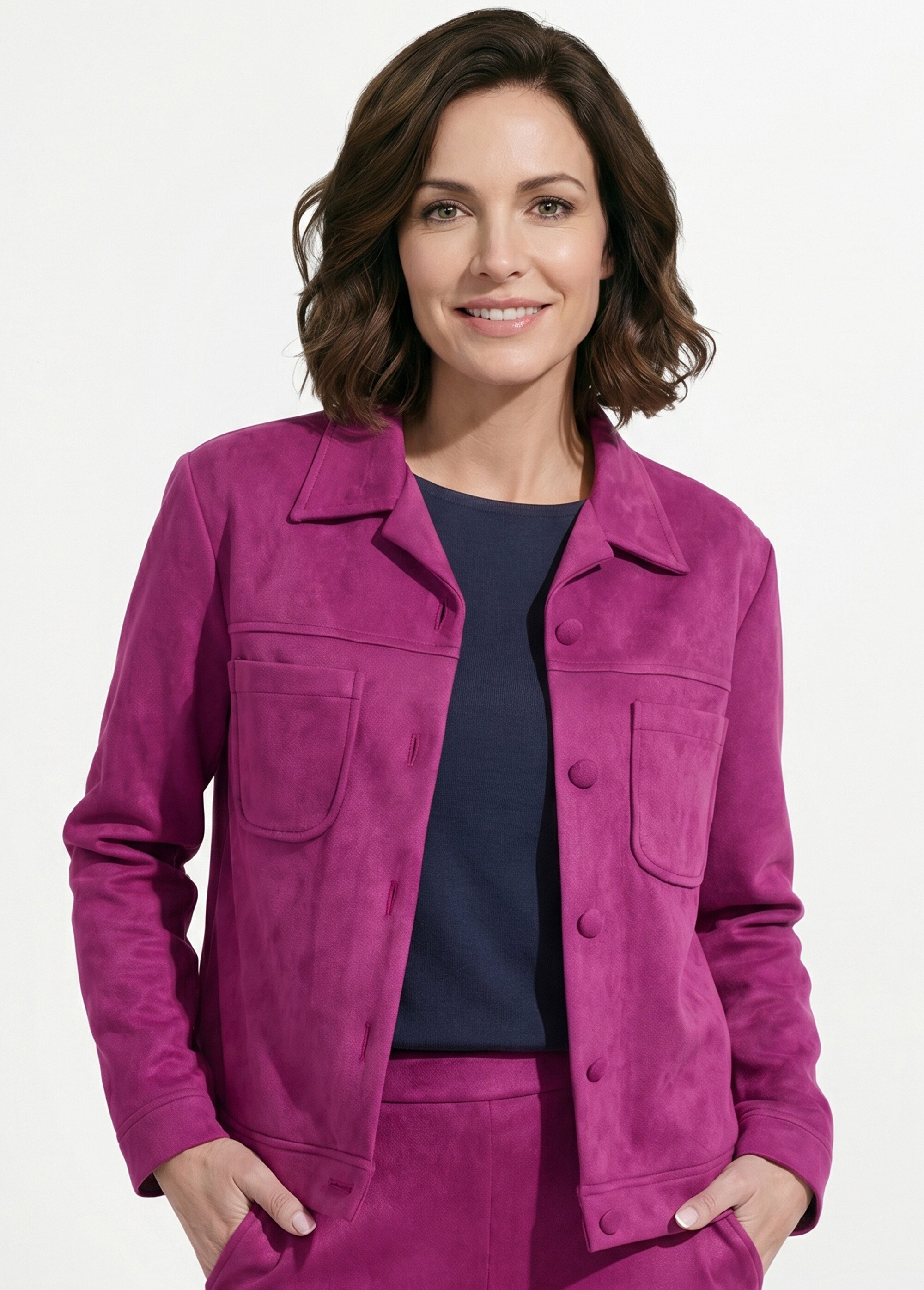 Blouson boutonné tissu suédé col cranté