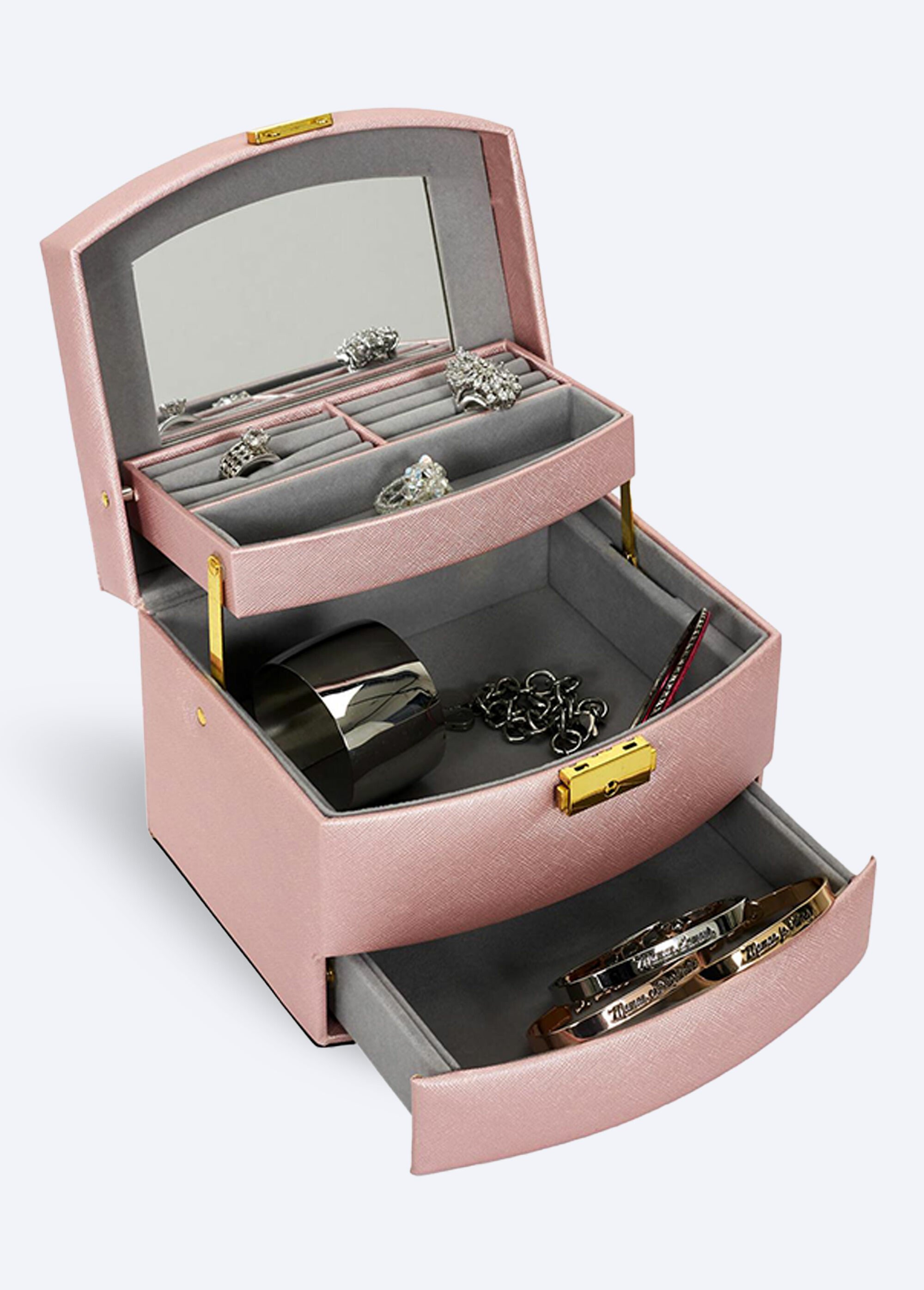 Boîte à bijoux simili cuir 3 niveaux Rose CMP-HD2315 FA1
