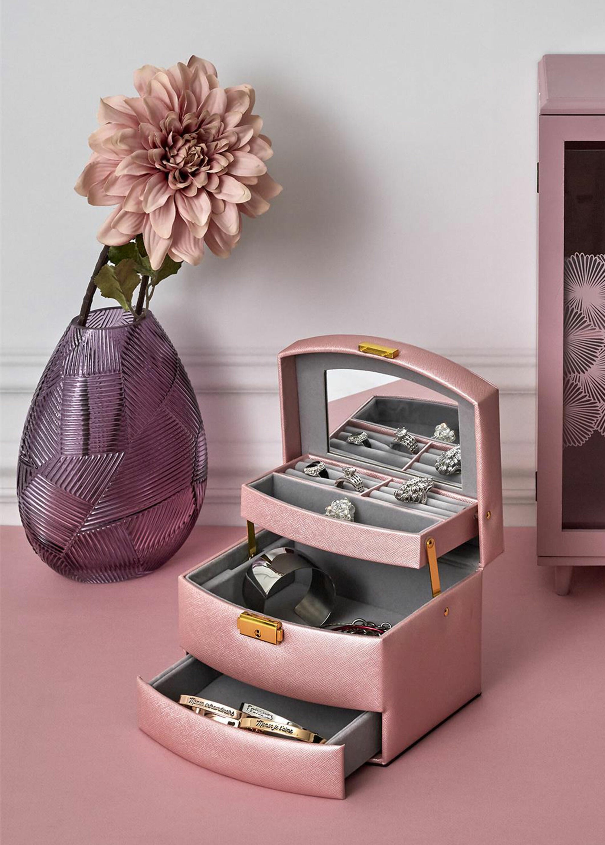 Boîte à bijoux simili cuir 3 niveaux Rose CMP-HD2315 SI1