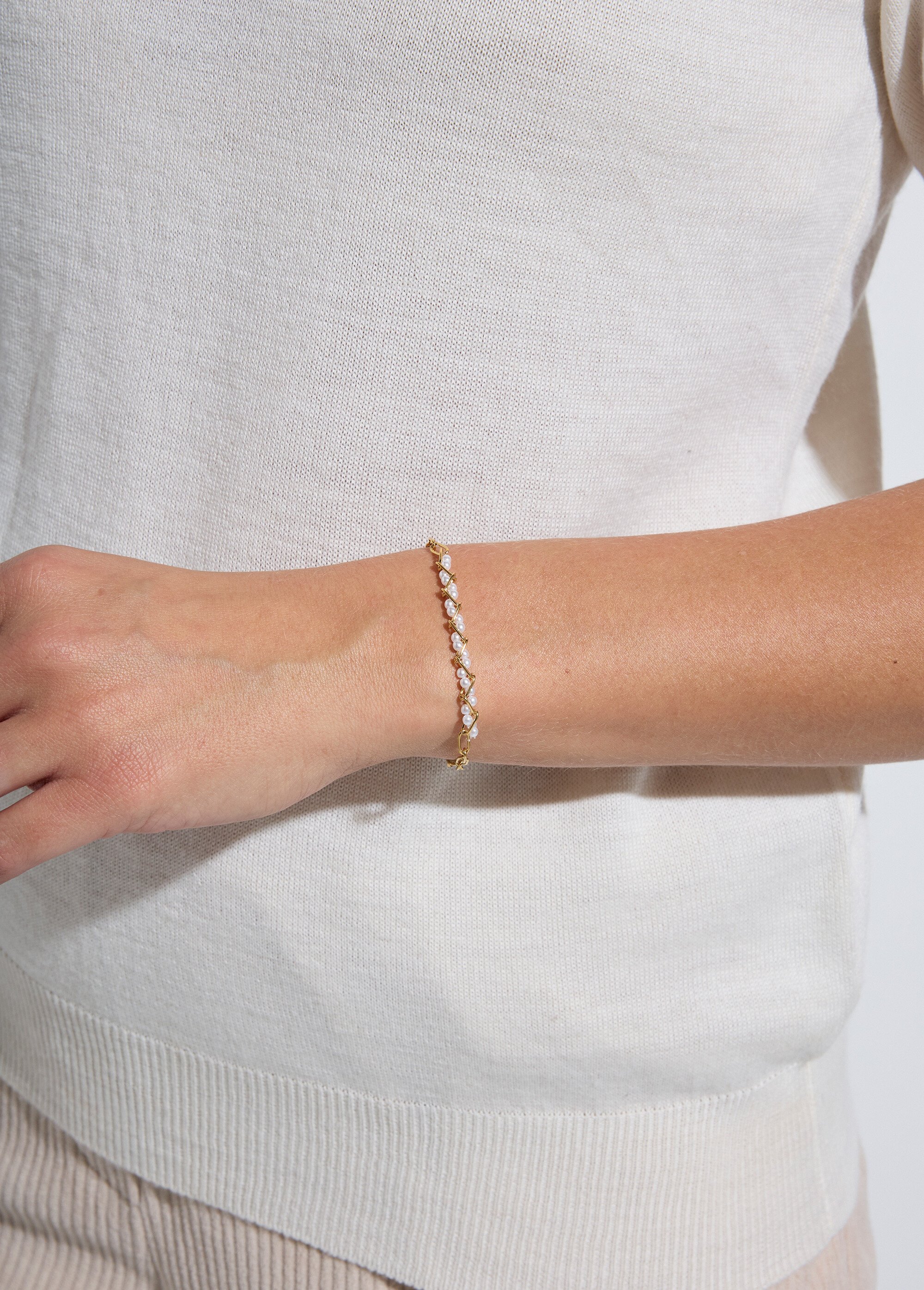 Bracelet chaîne acier inoxydable doré perlé Femme DORE ET BLANC UVOA FA1