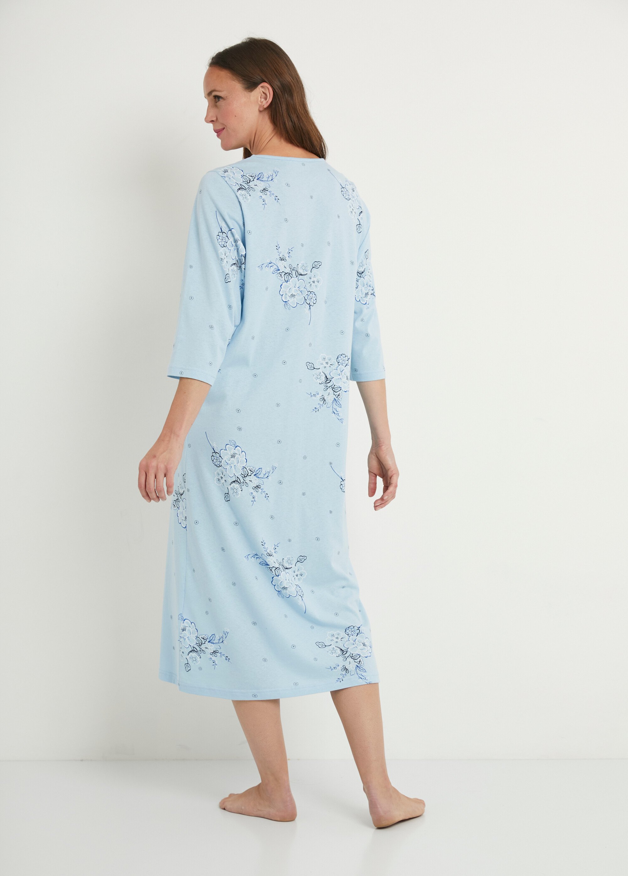 Chemise de nuit mi longue coton brodé manches 3/4