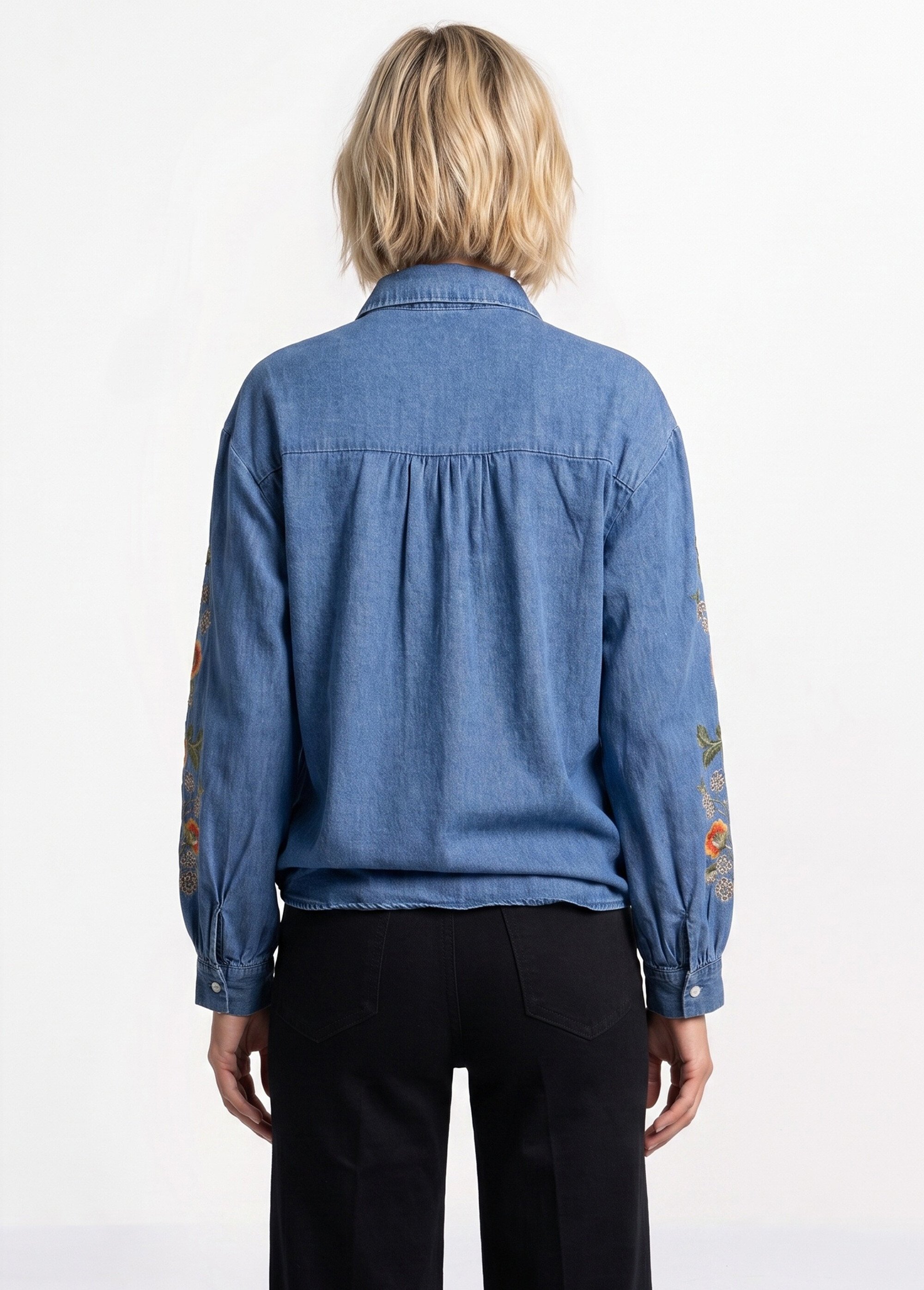 Chemise denim manches brodées et sequins Femme Bleu JSM-CH5501 DO1