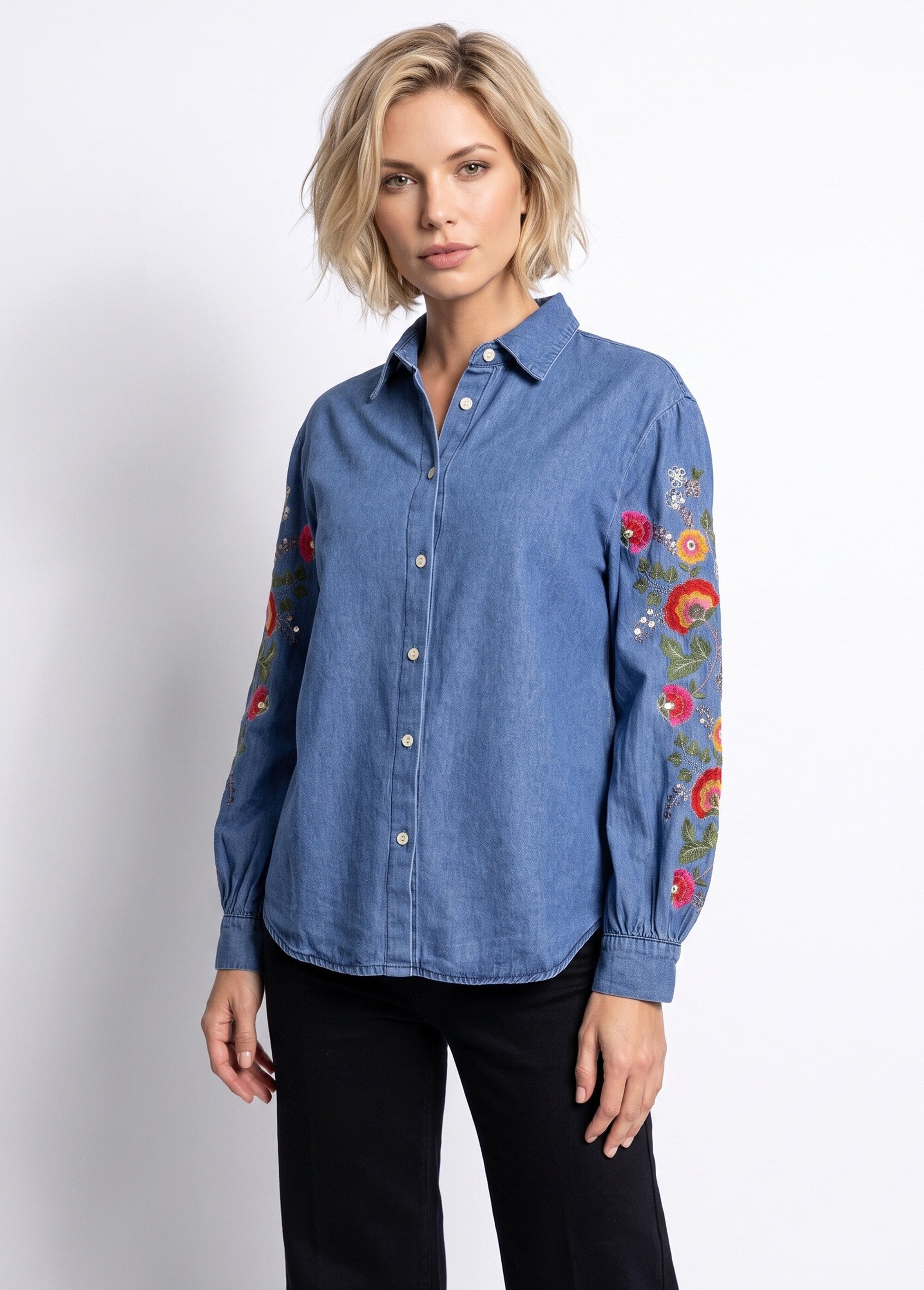 Chemise denim manches brodées et sequins Femme Bleu JSM-CH5501 FA1