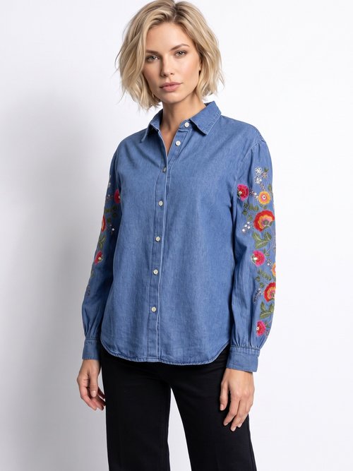 Chemise denim manches brodées et sequins Femme Bleu JSM-CH5501 FA1