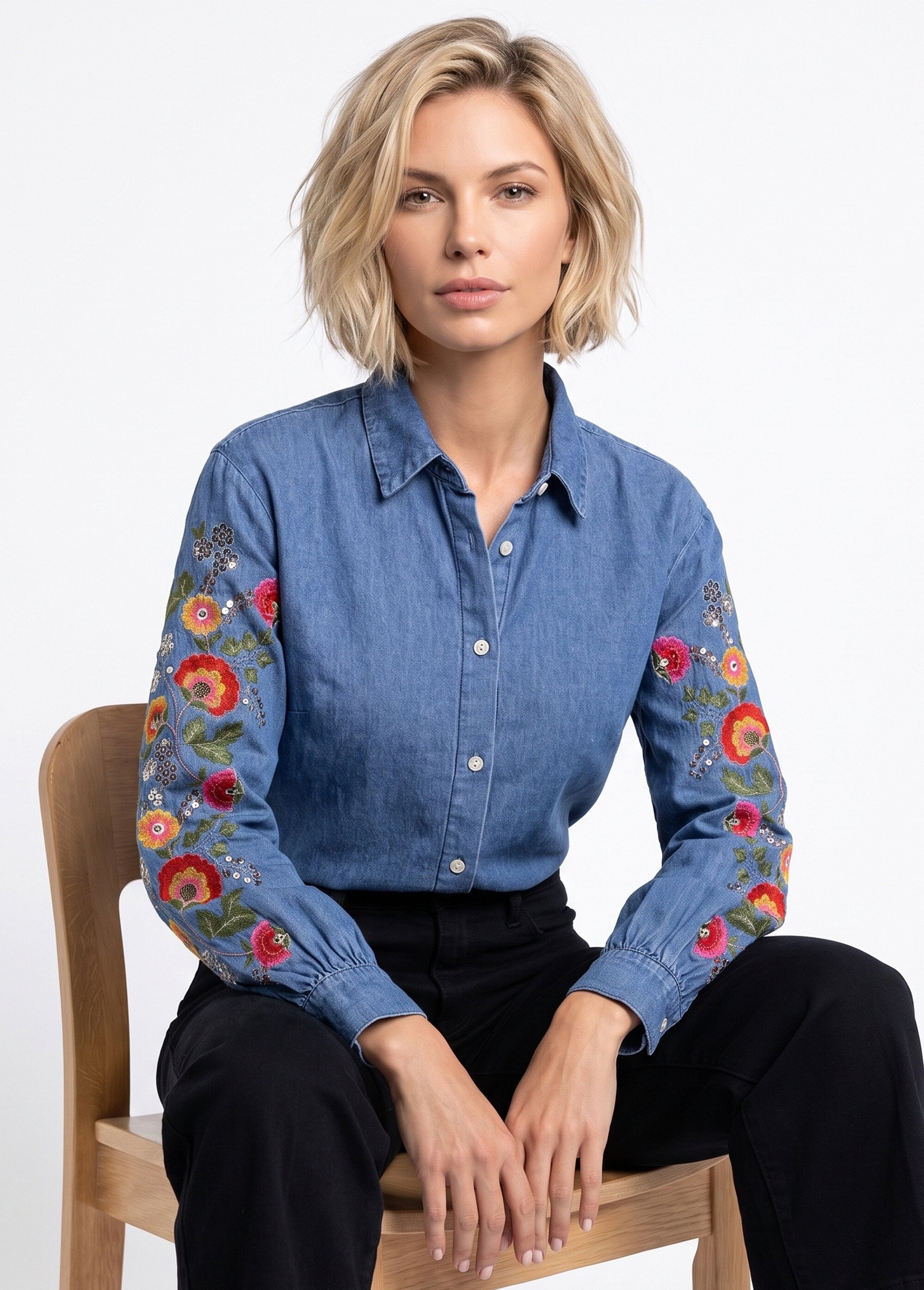 Chemise denim manches brodées et sequins Femme Bleu JSM-CH5501 MV1