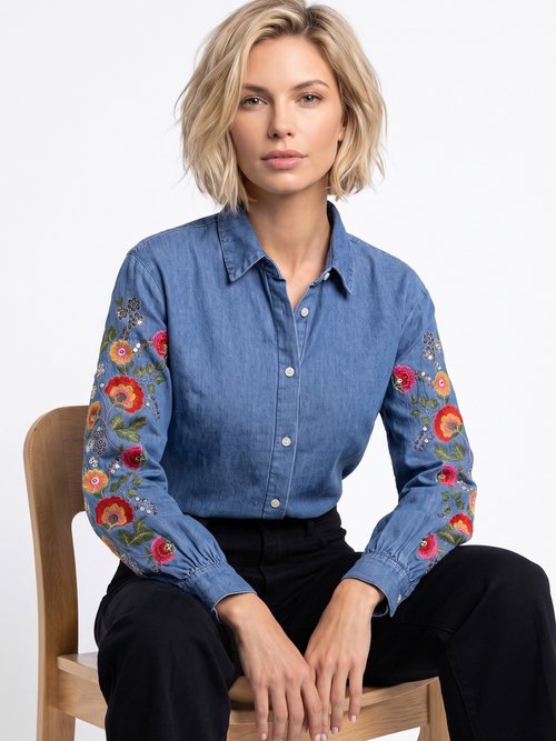 Chemise denim manches brodées et sequins Femme Bleu JSM-CH5501 MV1