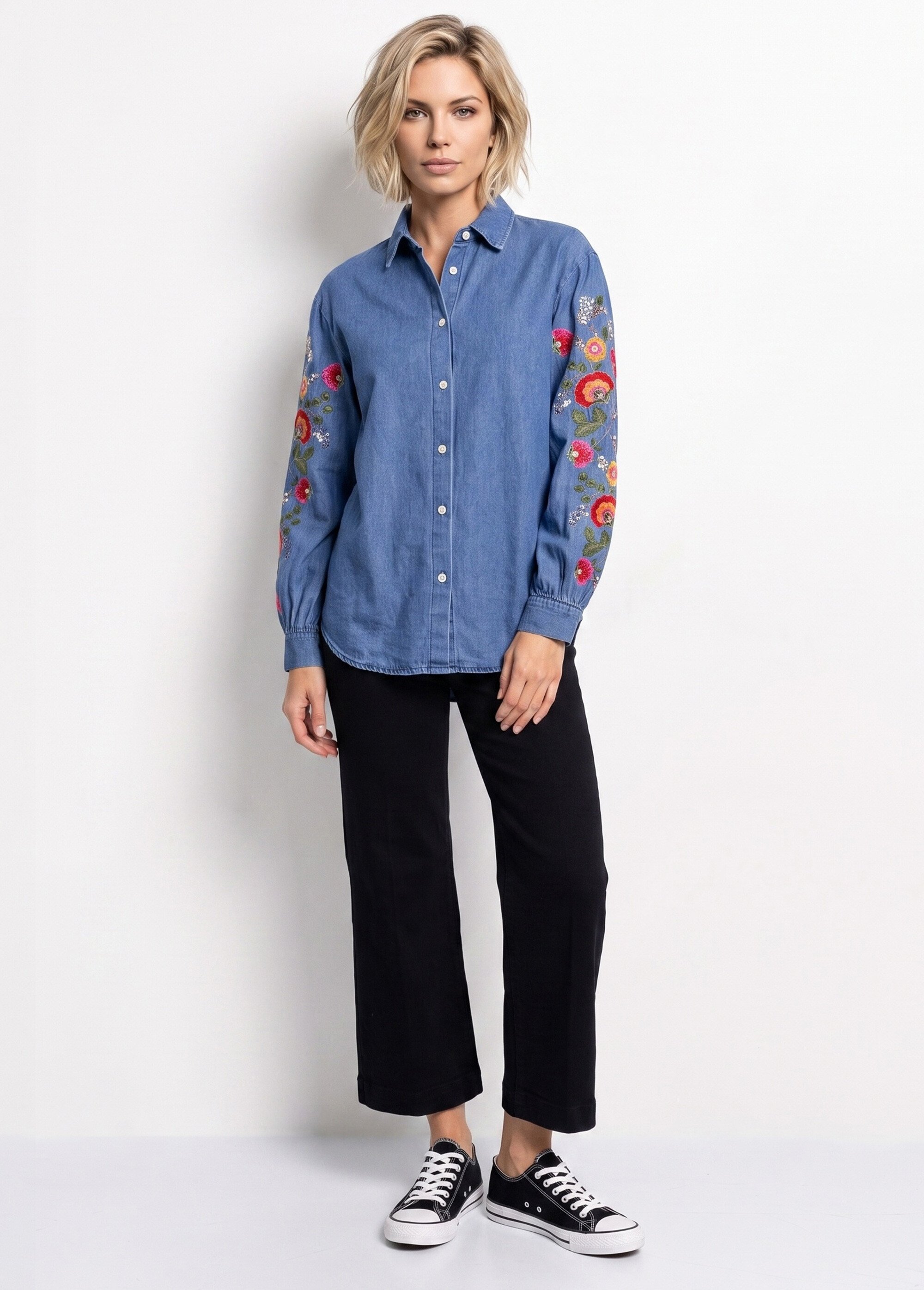 Chemise denim manches brodées et sequins Femme Bleu JSM-CH5501 SI1