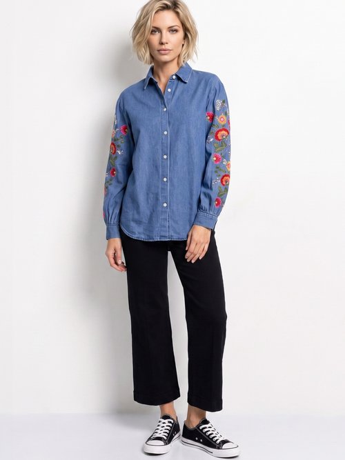 Chemise denim manches brodées et sequins Femme Bleu JSM-CH5501 SI1