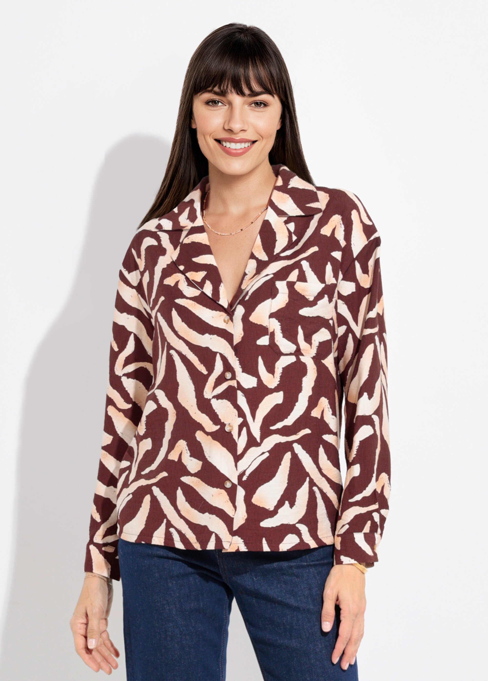 Chemisier imprimé graphique col tailleur Femme Marron IA-R5952 FA1