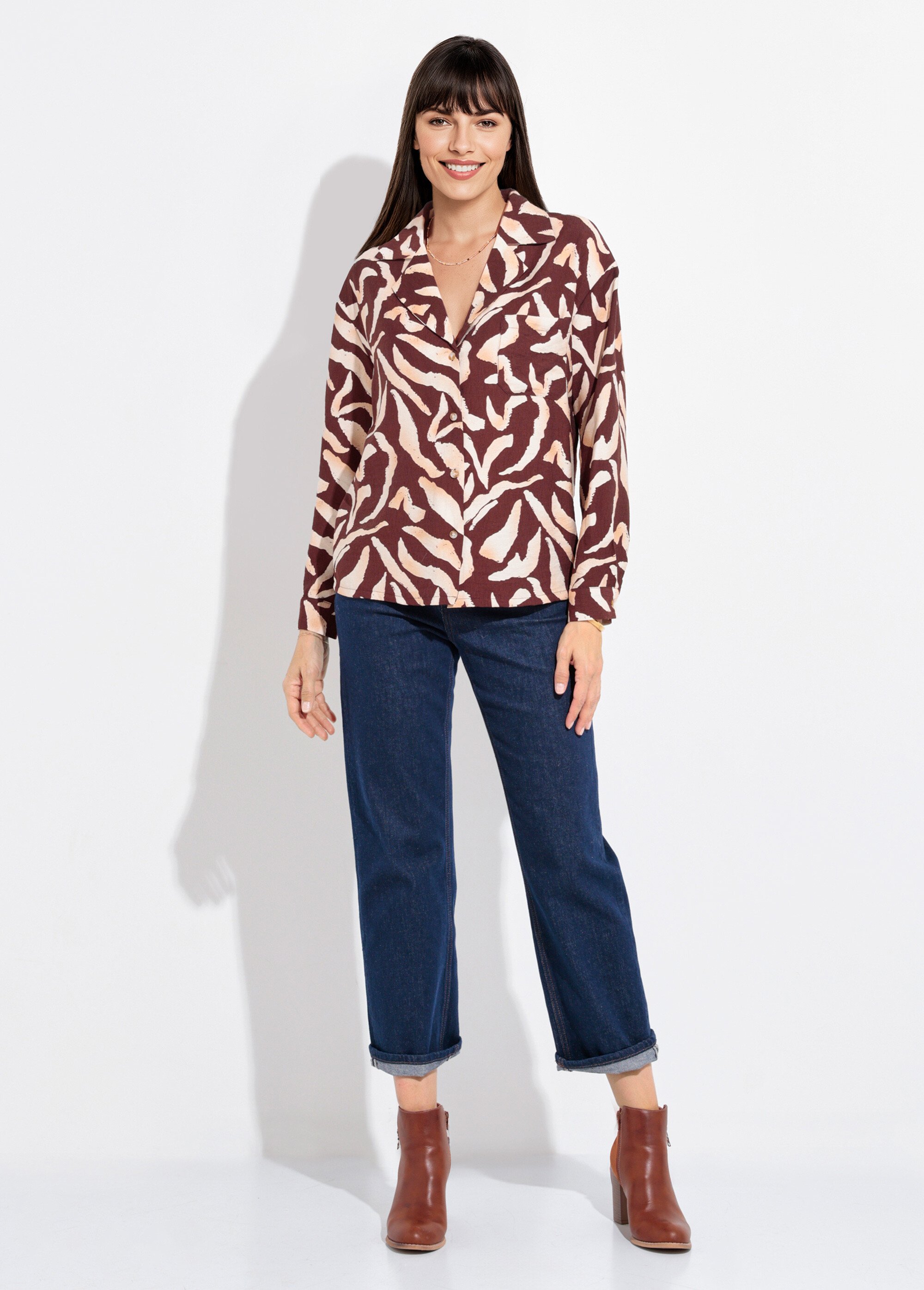 Chemisier imprimé graphique col tailleur Femme Marron IA-R5952 SF1
