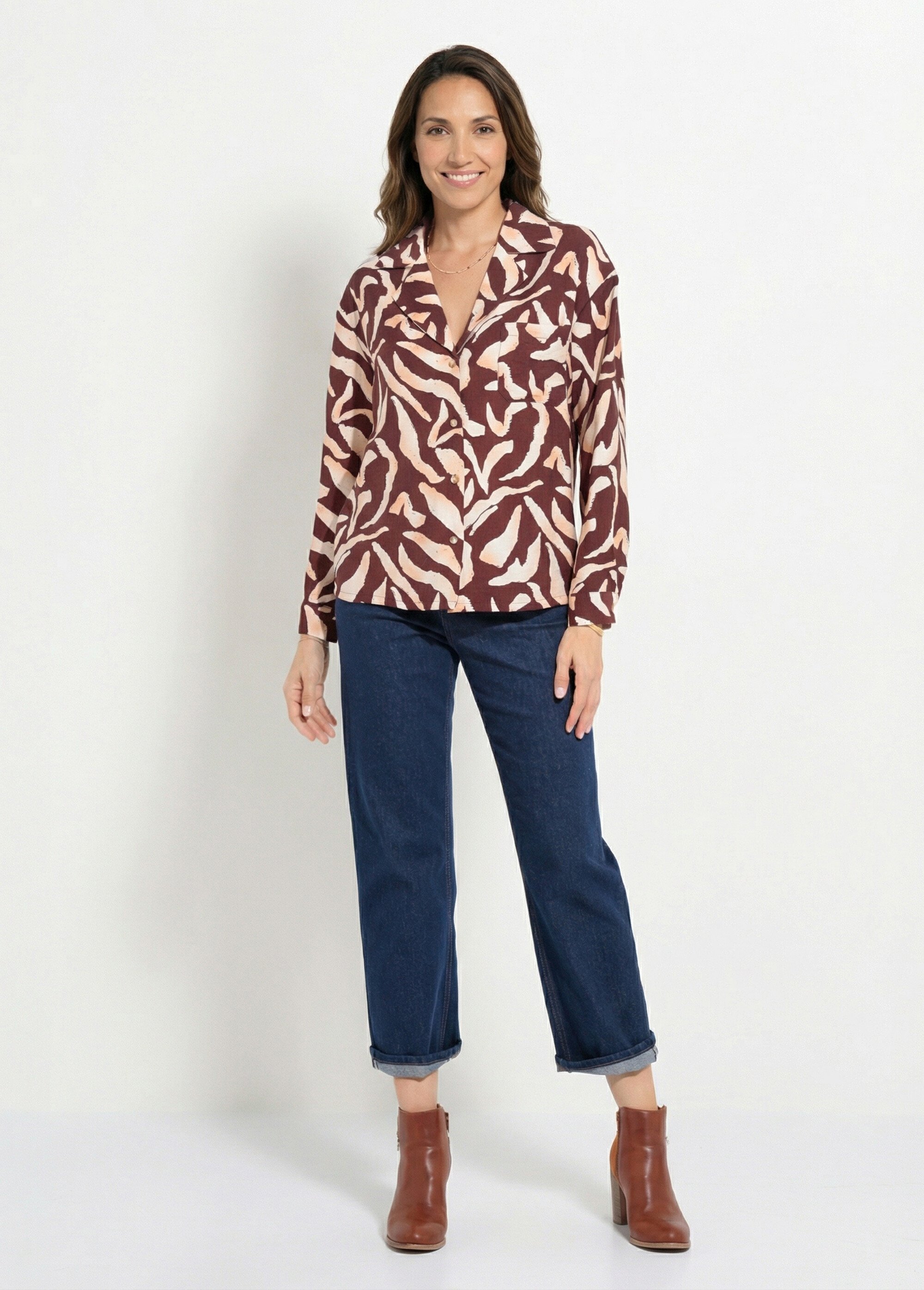 Chemisier imprimé graphique col tailleur Femme Marron IA-R5952 SI1