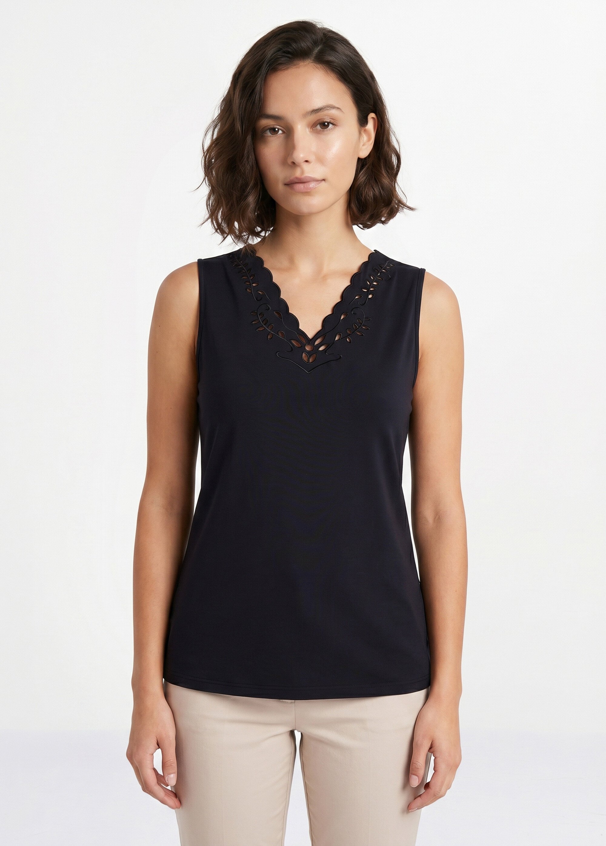 Débardeur col V ajouré brodé Femme Bleu CHAVOY FA1