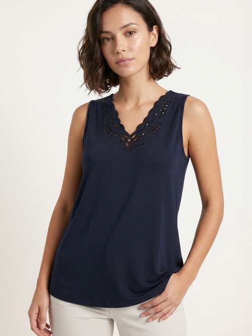 Débardeur col V ajouré brodé Femme Bleu CHAVOY MV1