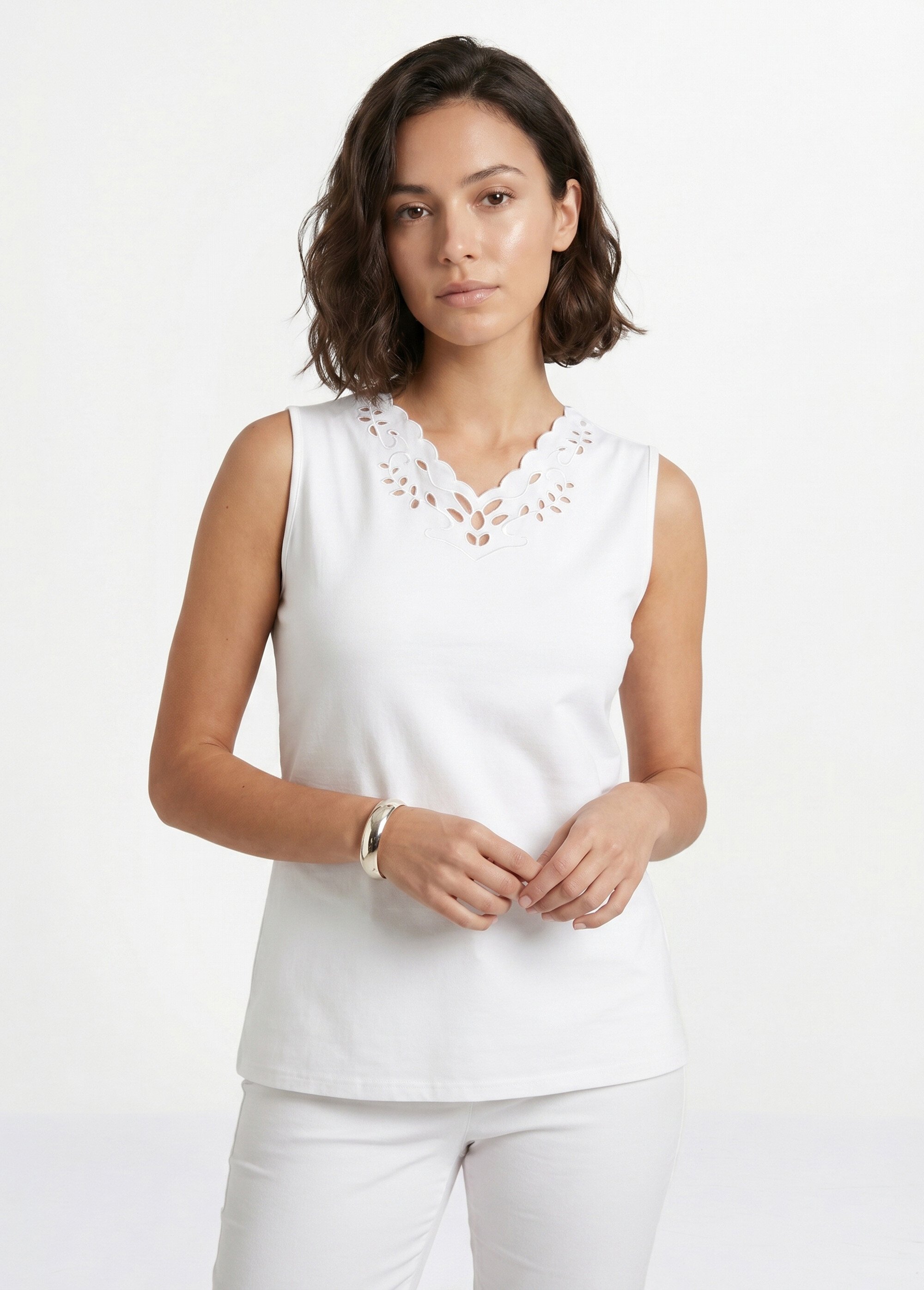 Débardeur col V ajouré brodé Femme Blanc CHAVOY FA1