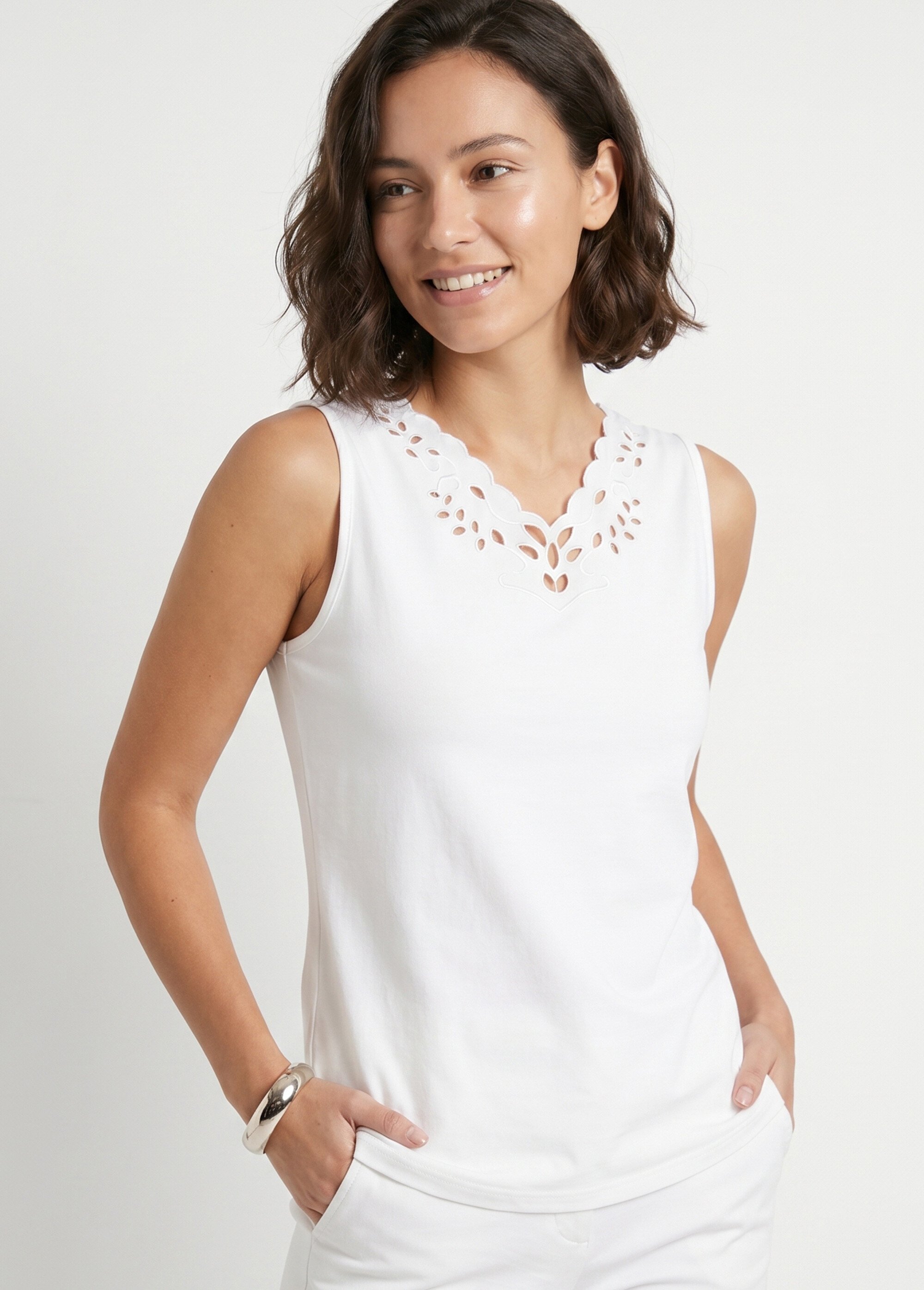 Débardeur col V ajouré brodé Femme Blanc CHAVOY MV1