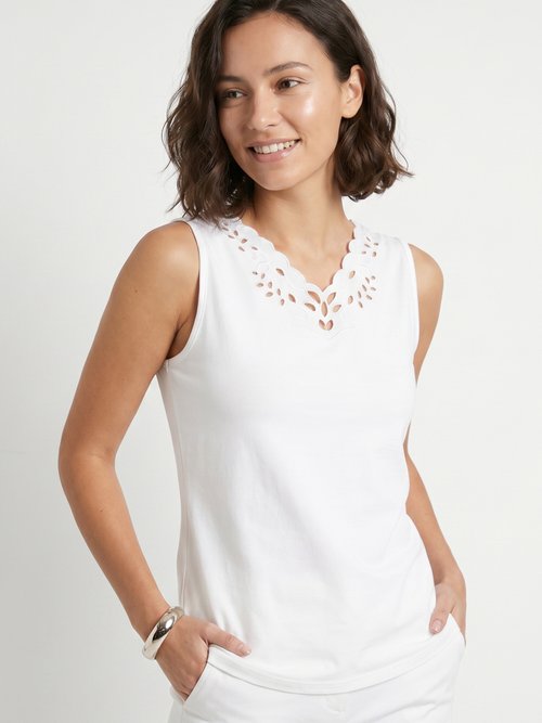 Débardeur col V ajouré brodé Femme Blanc CHAVOY MV1
