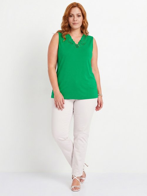 Débardeur col V ajouré brodé Femme Grande Taille Vert CHAVOY SI1