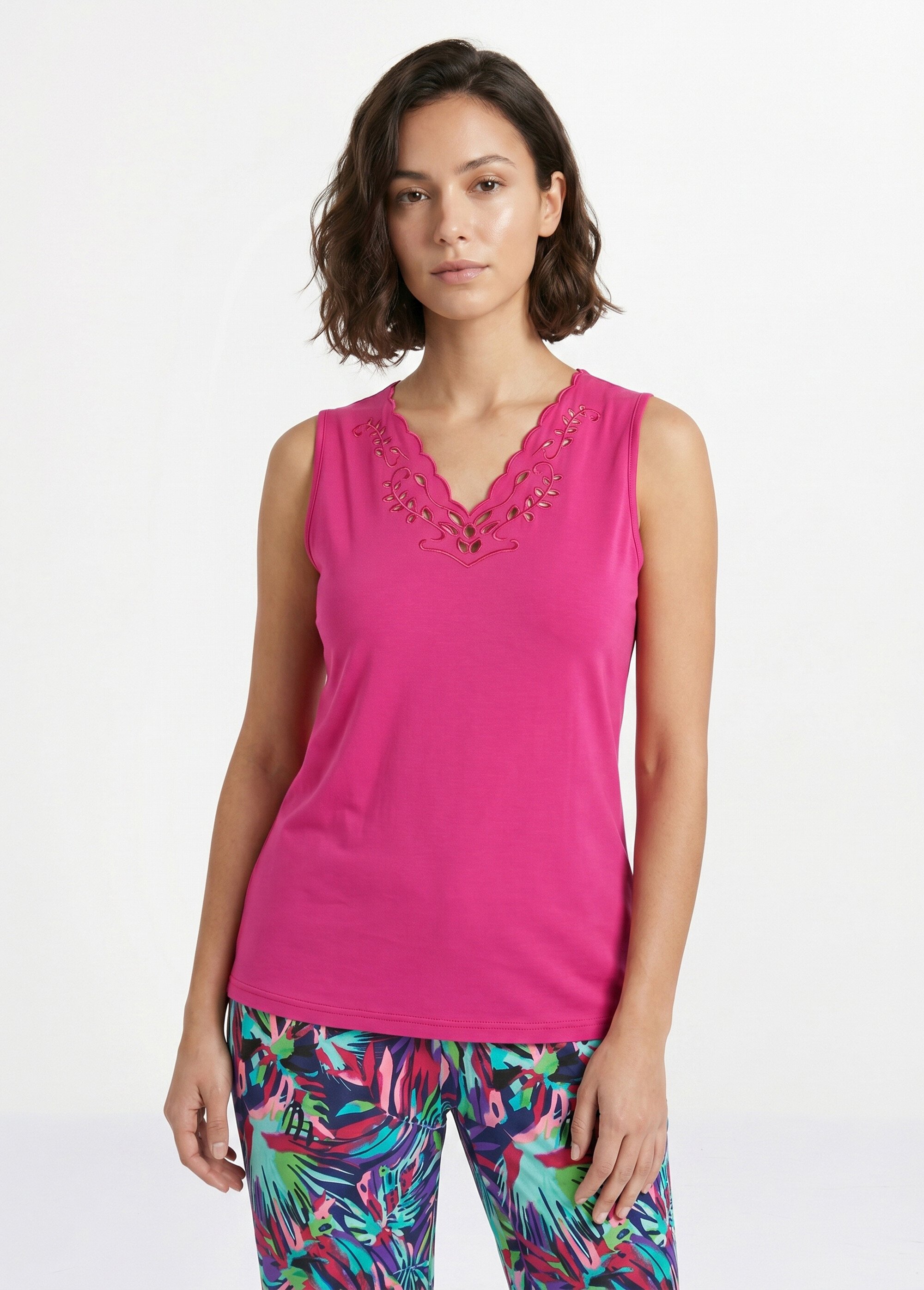 Débardeur col V ajouré brodé Femme Rose CHAVOY FA1