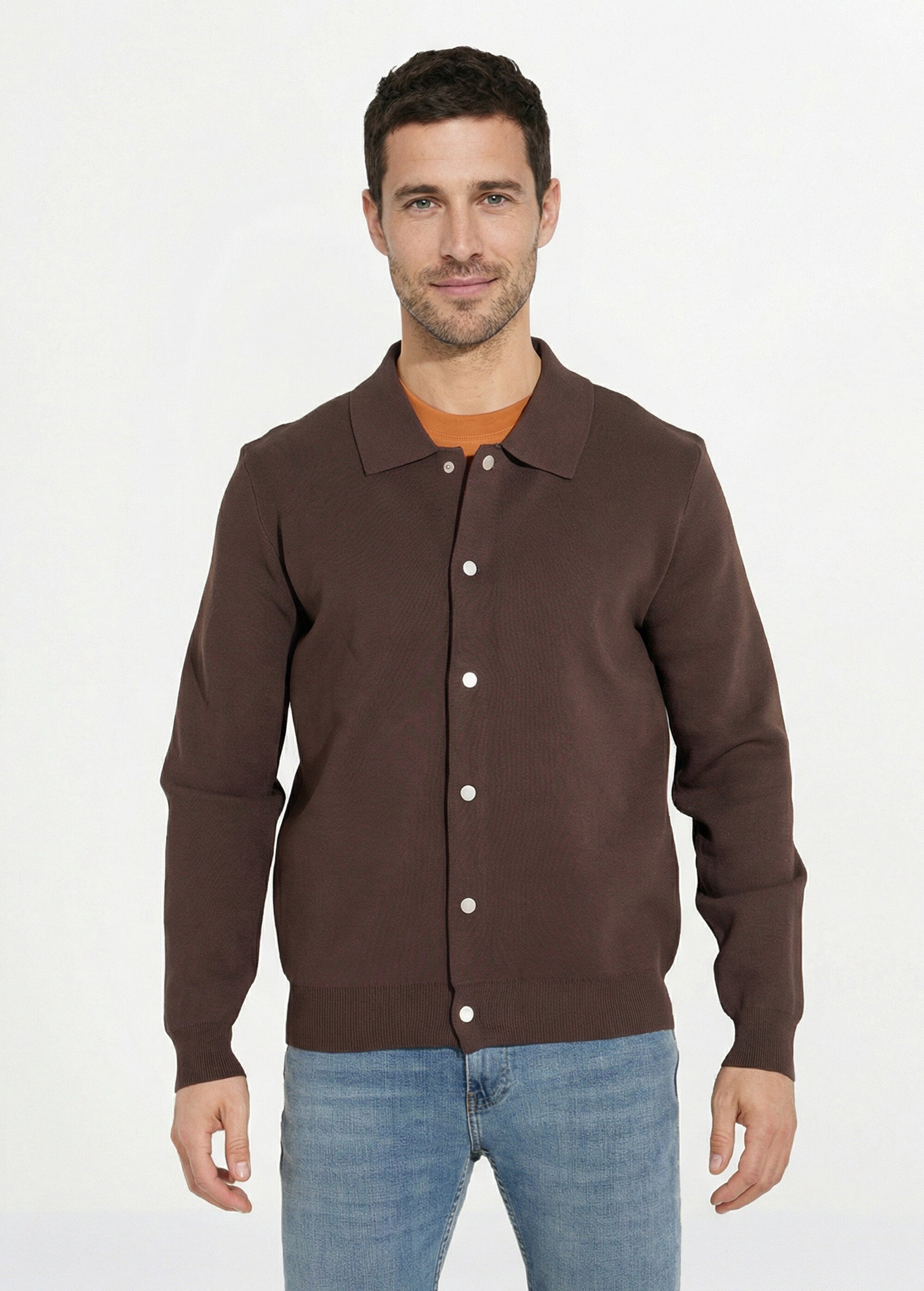 Gilet pressionné en maille jacquard Homme Marron FRIDZ24754 FA1