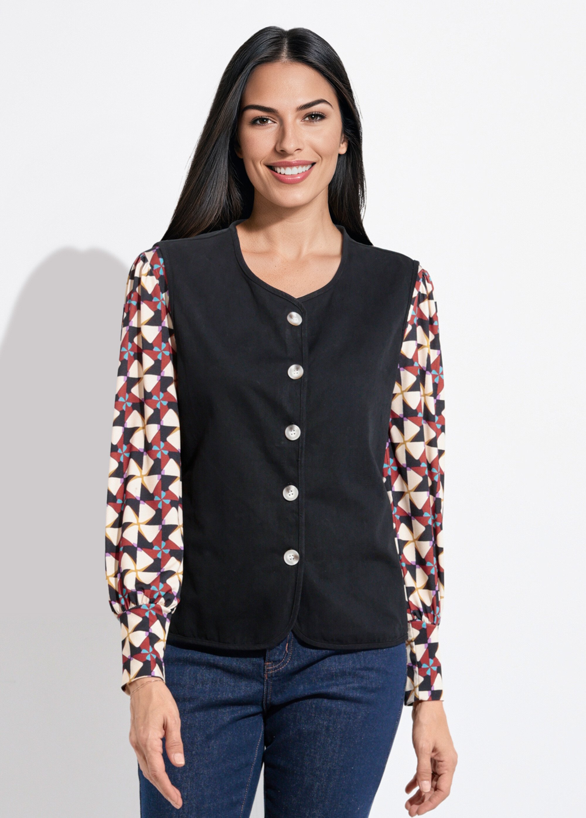 Gilet sans manches col rond en twill Femme Noir IA-R5779 FA1