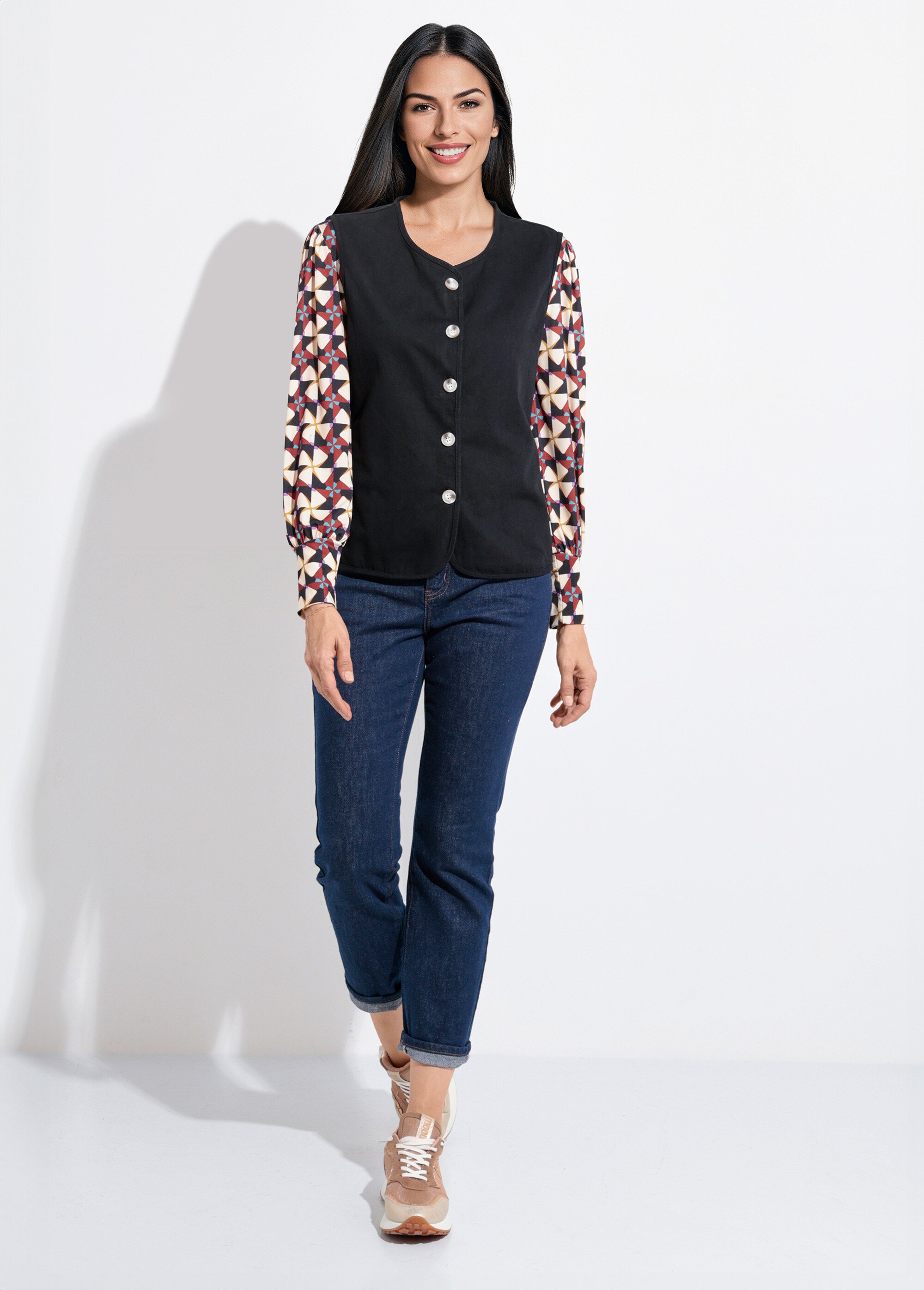 Gilet sans manches col rond en twill Femme Noir IA-R5779 SF1