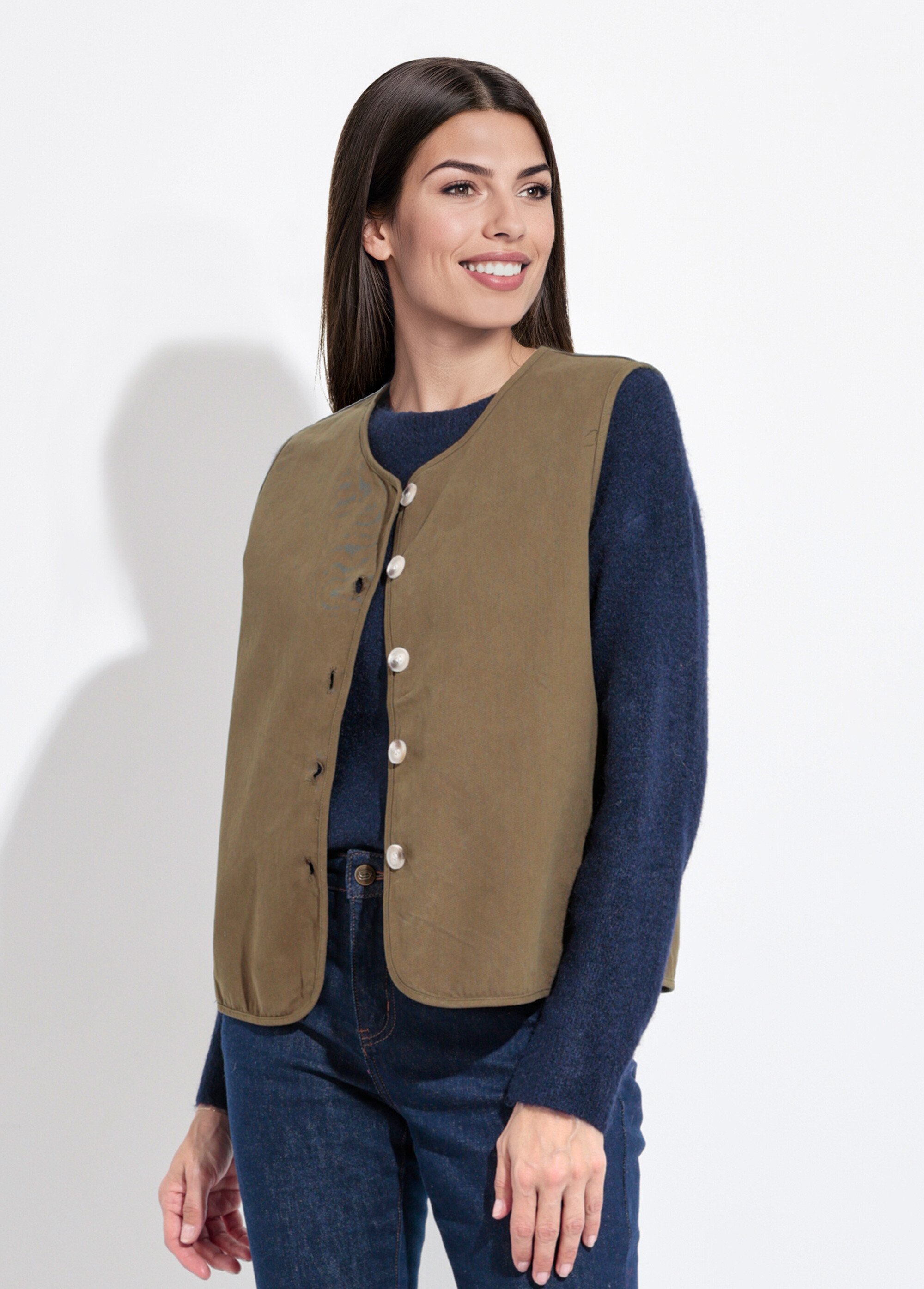 Gilet sans manches col rond en twill Femme Vert IA-R5779 FA1