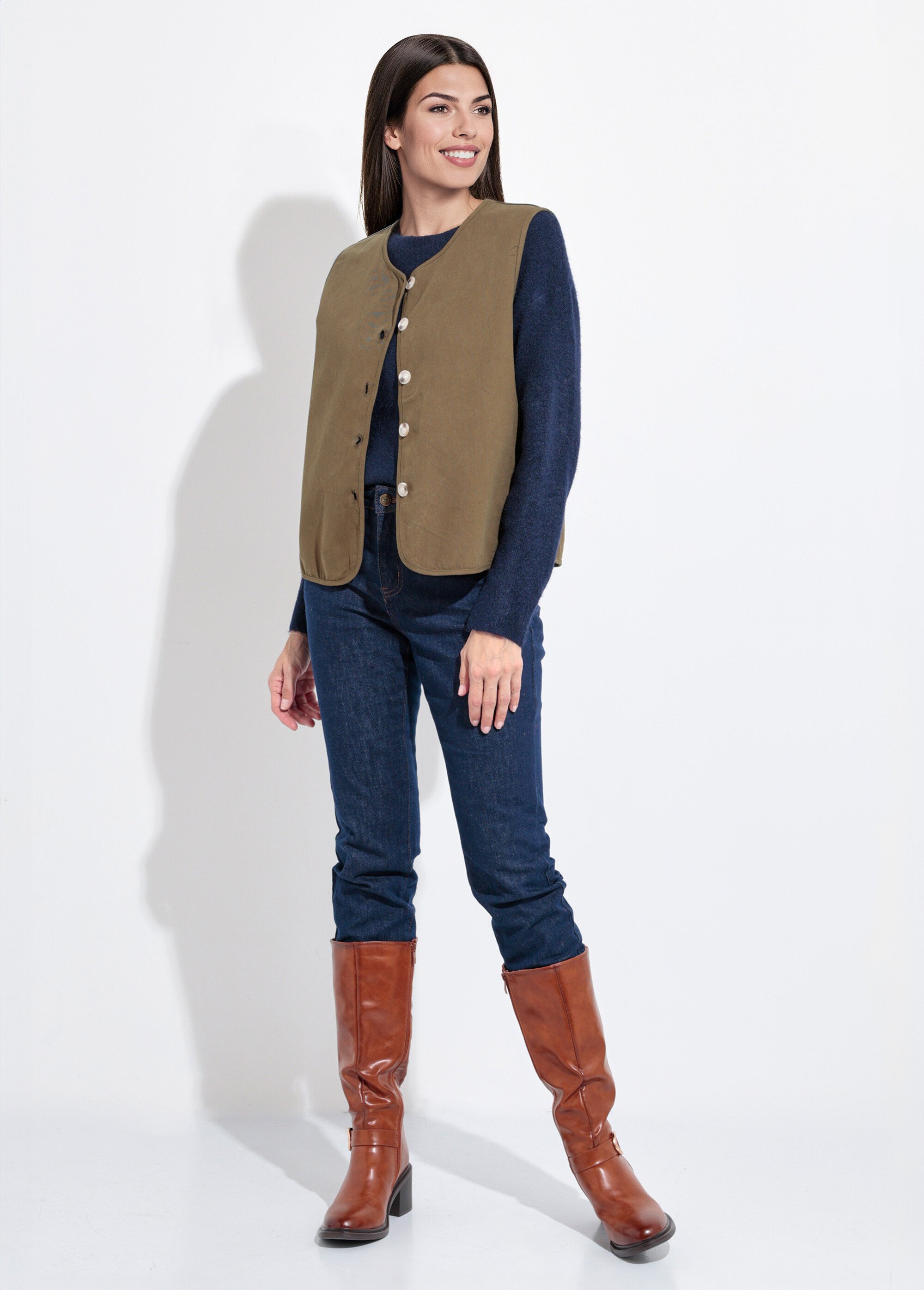 Gilet sans manches col rond en twill Femme Vert IA-R5779 SF1