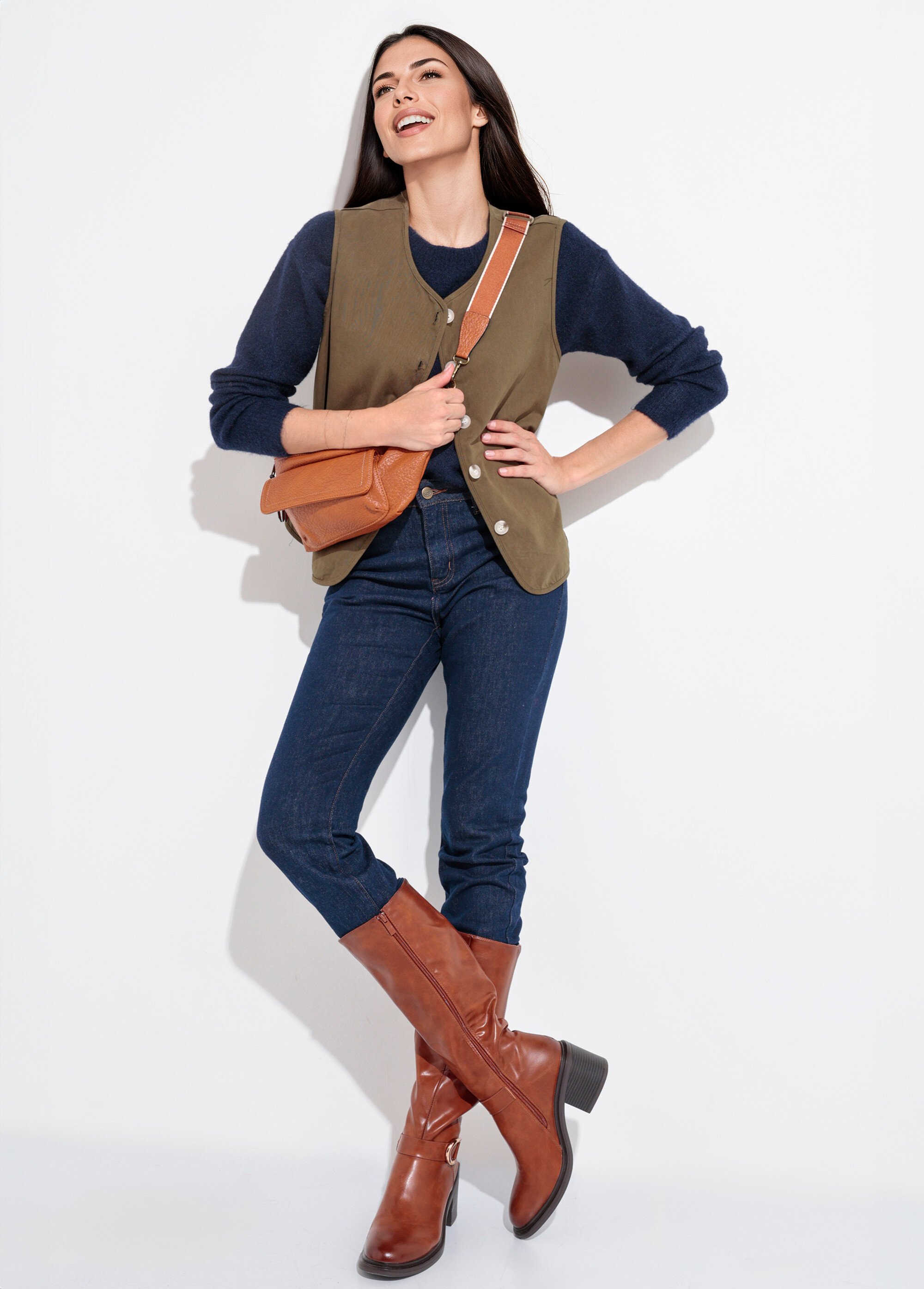 Gilet sans manches col rond en twill Femme Vert IA-R5779 SI1