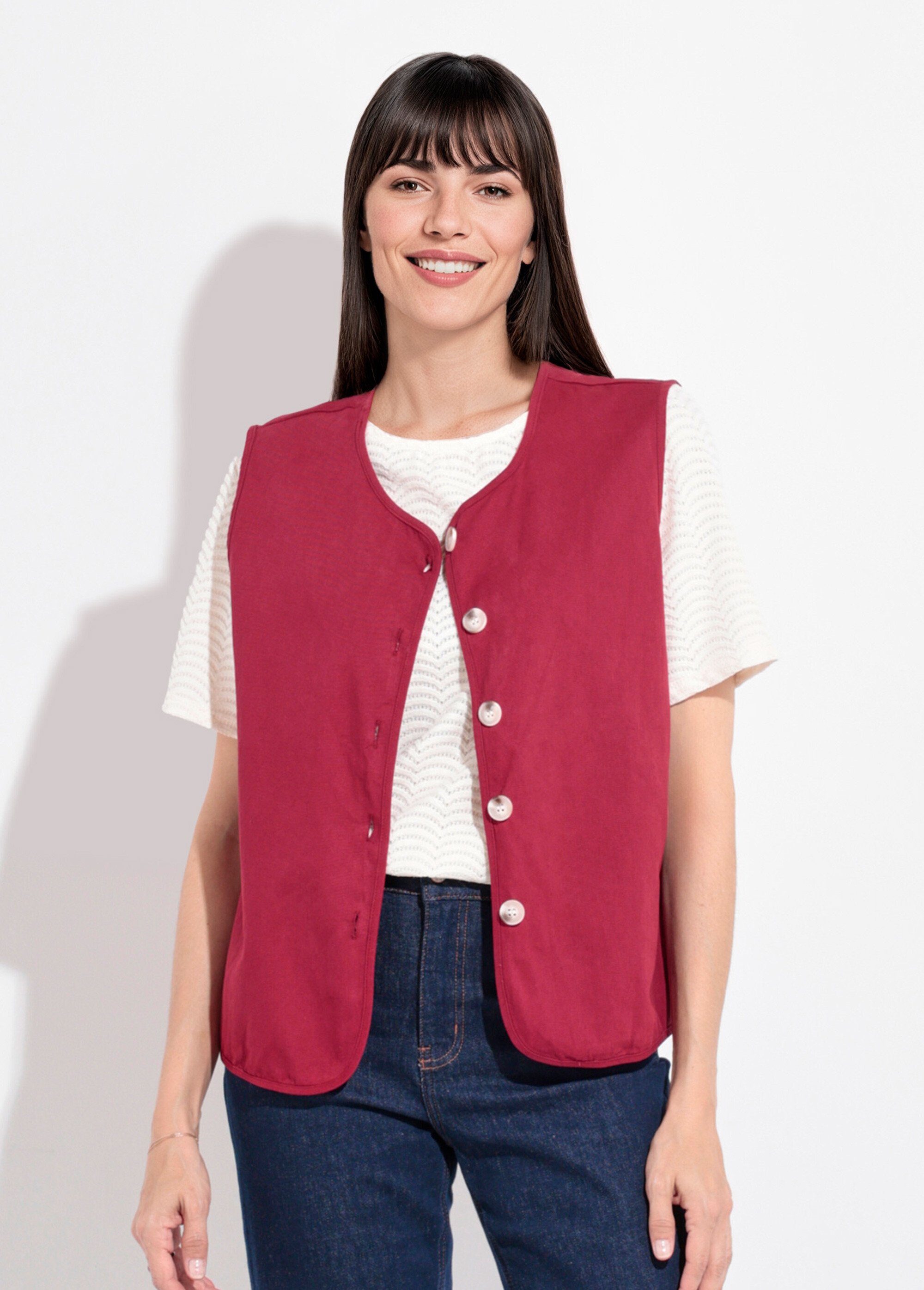 Gilet sans manches col rond en twill Femme Rouge IA-R5779 FA1