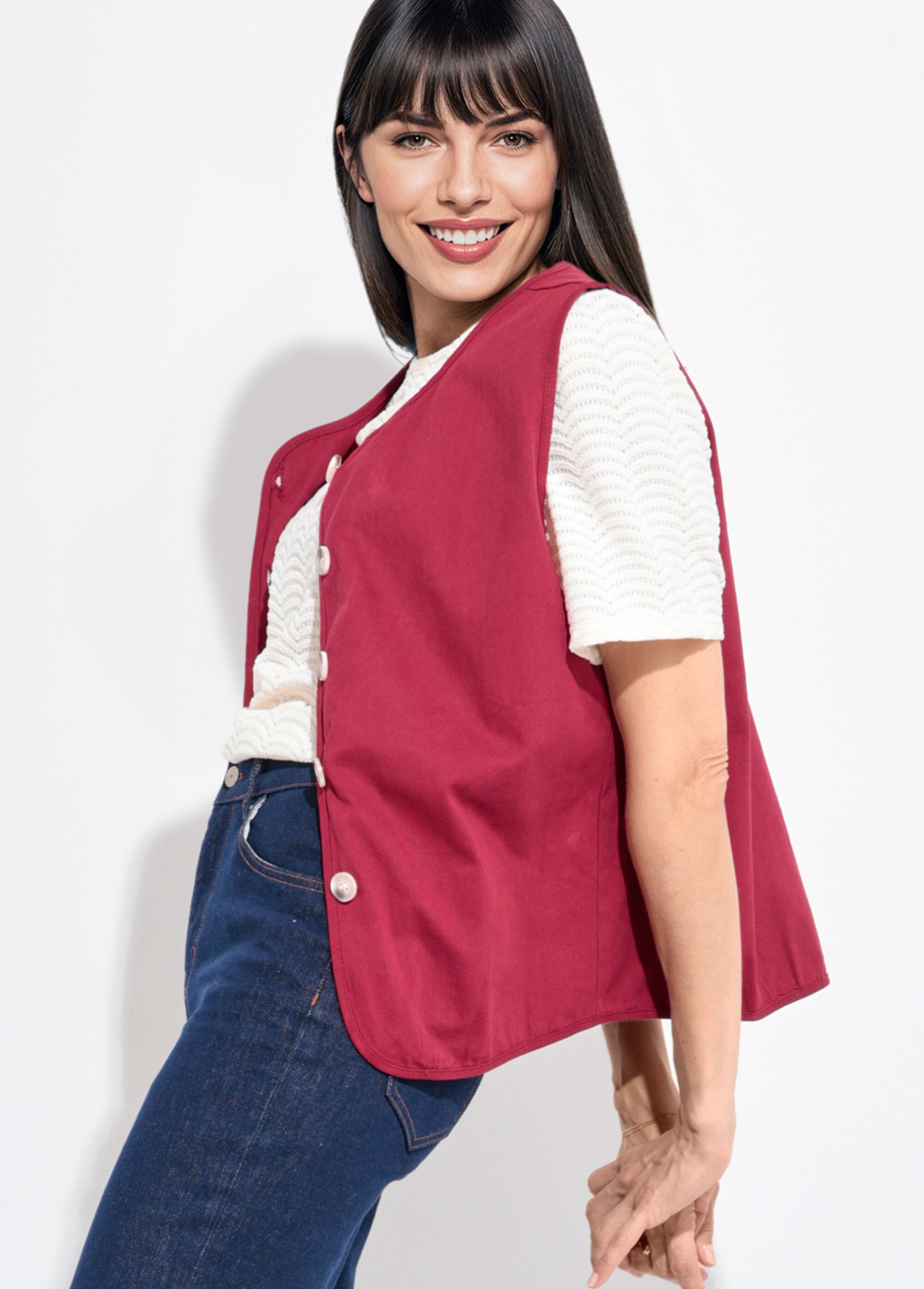 Gilet sans manches col rond en twill Femme Rouge IA-R5779 MV1