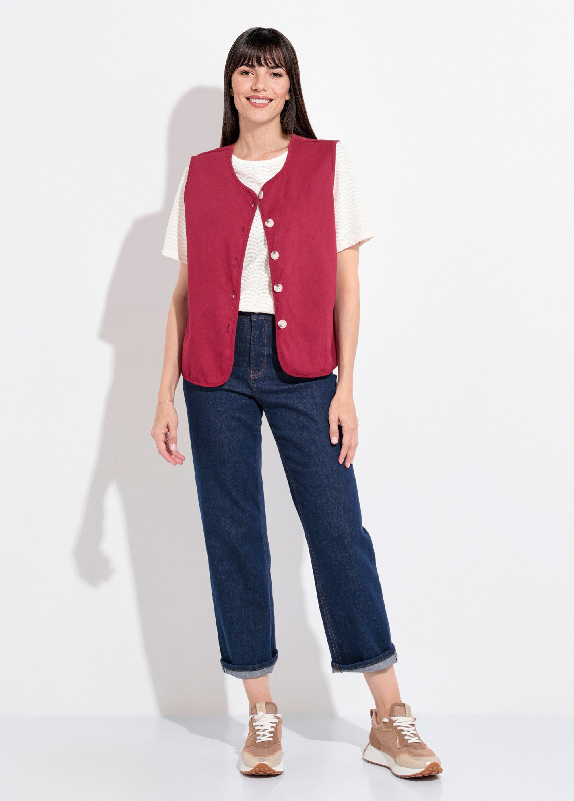 Gilet sans manches col rond en twill Femme Rouge IA-R5779 SF1