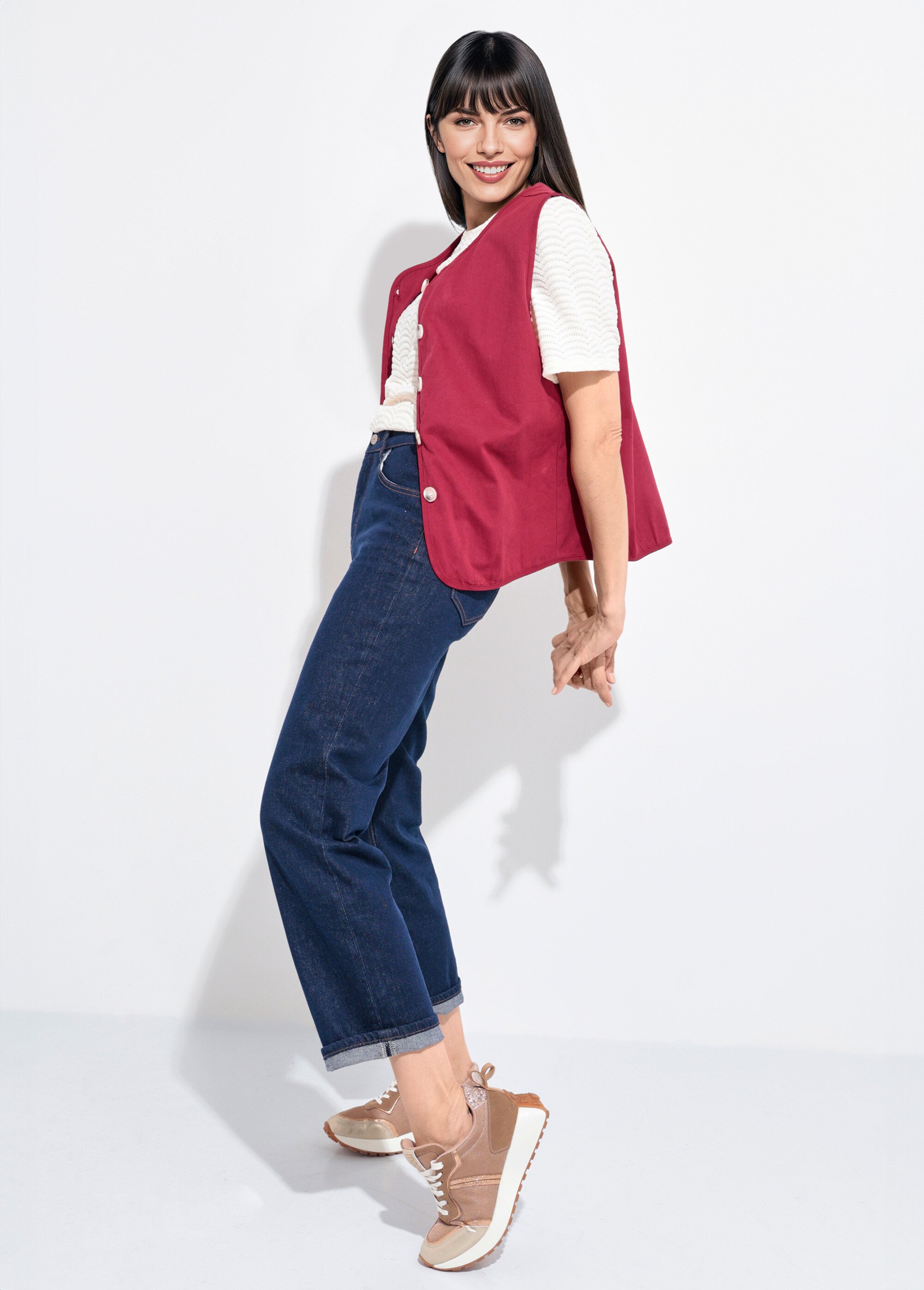 Gilet sans manches col rond en twill Femme Rouge IA-R5779 SI1