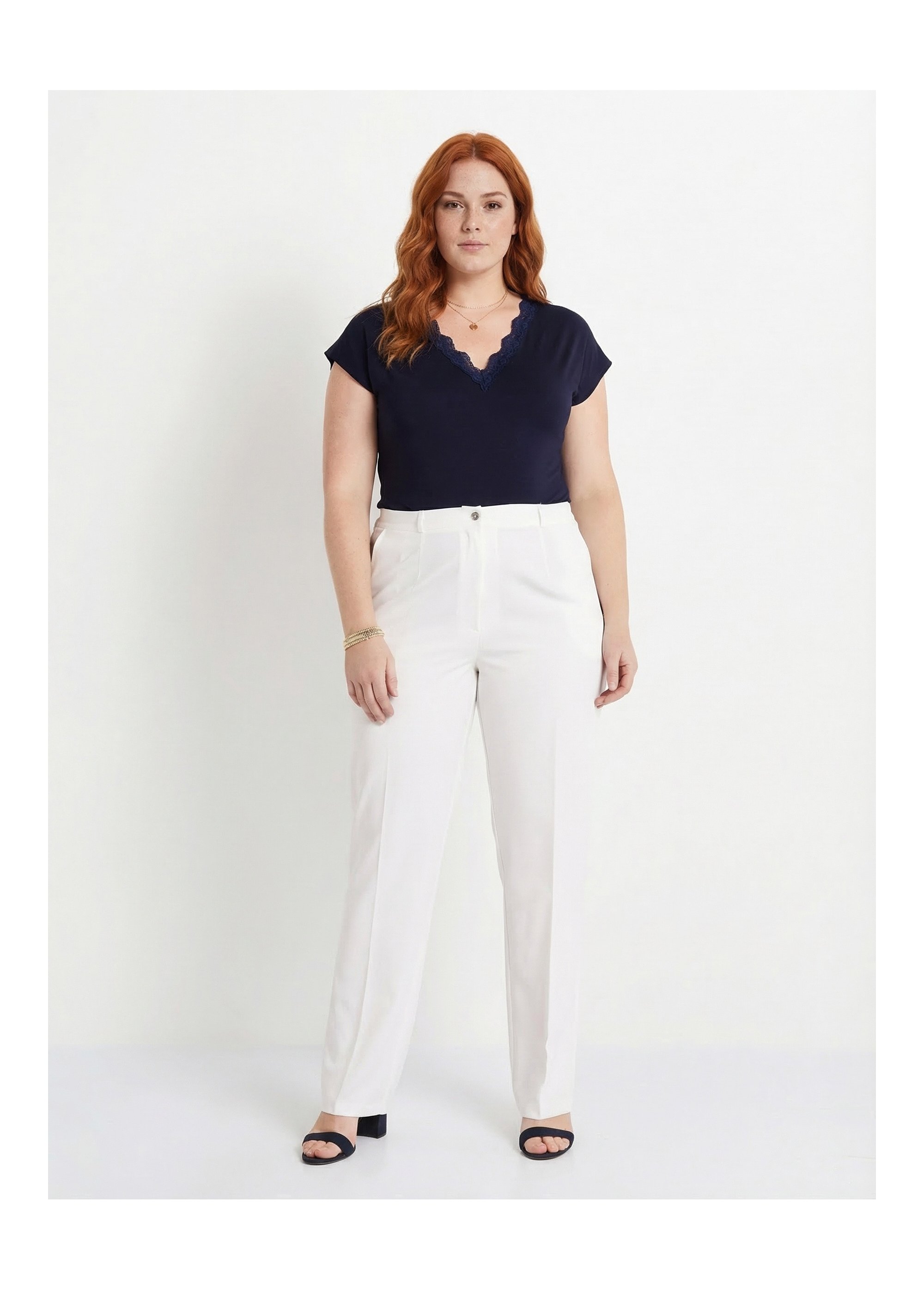 Pantalon droit uni taille semi élastiquée Femme Grande Taille Blanc NAVARRO SF1