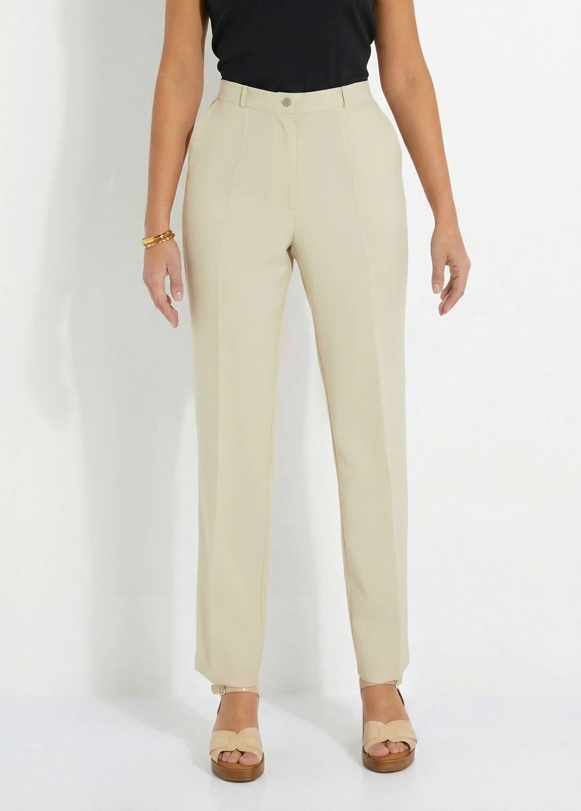 Pantalon droit uni taille semi élastiquée Femme Beige NAVARRO FA1