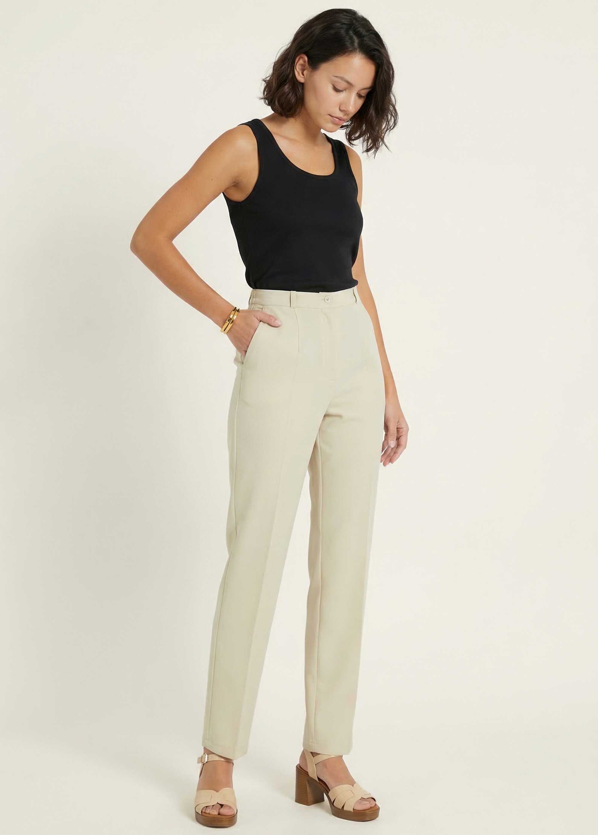 Pantalon droit uni taille semi élastiquée Femme Beige NAVARRO MV1