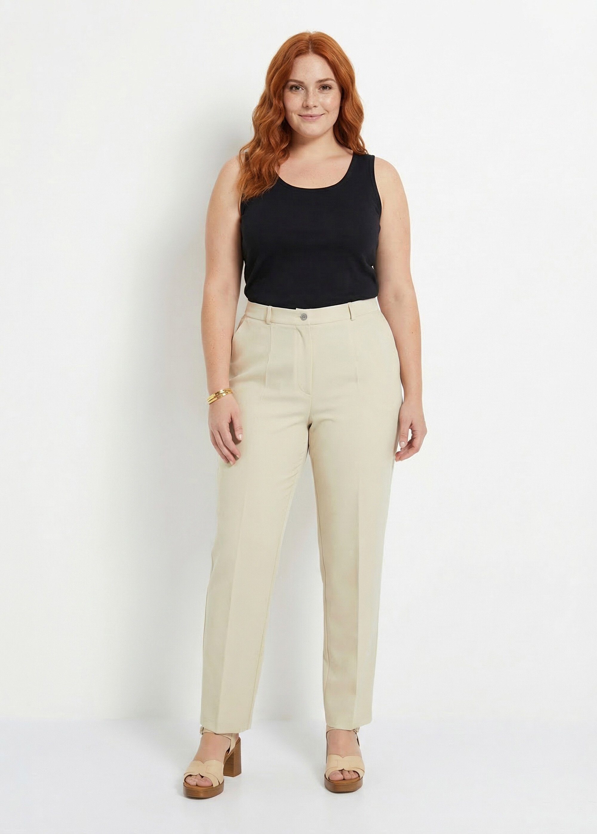 Pantalon droit uni taille semi élastiquée Femme Grande Taille Beige NAVARRO SF1