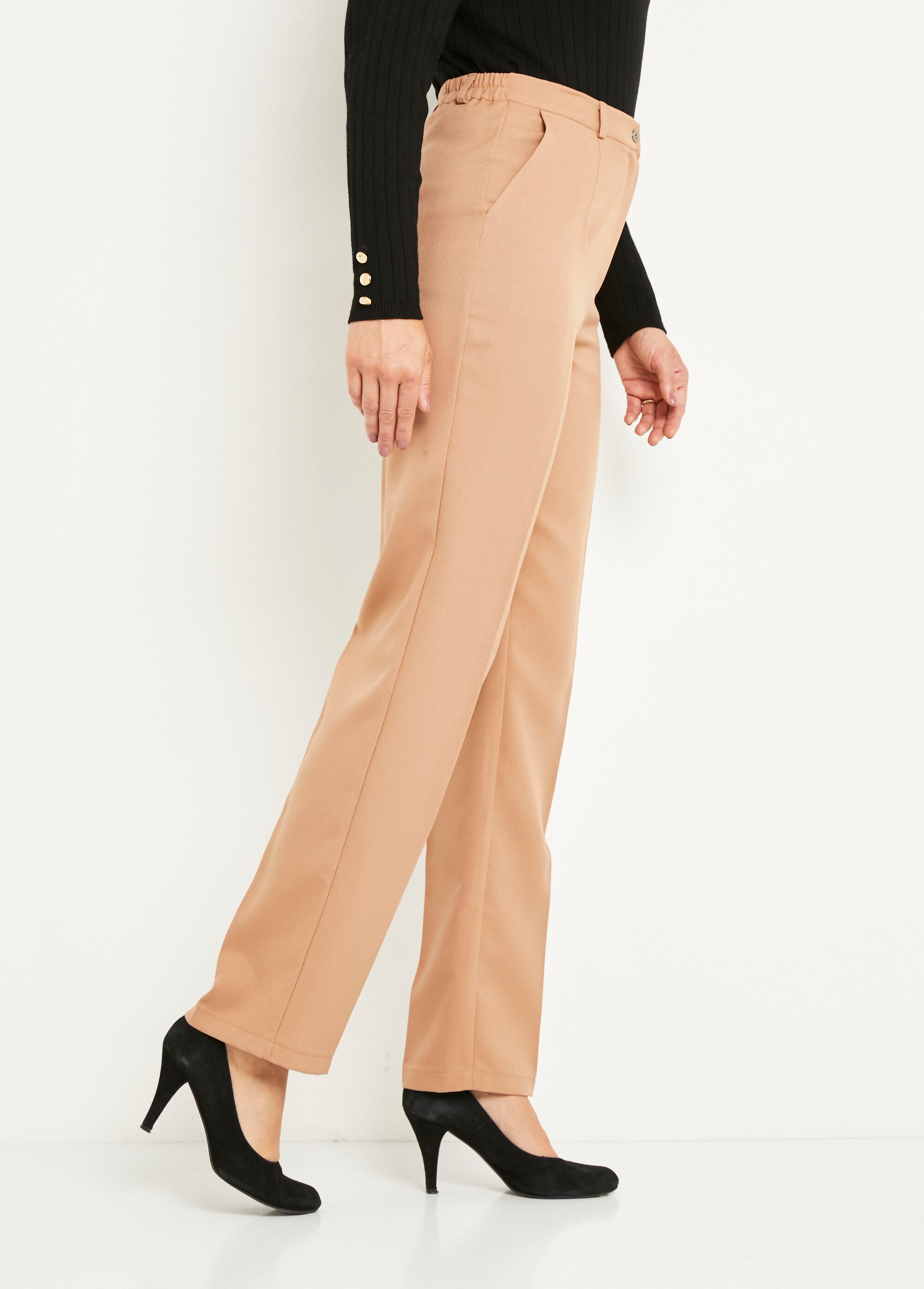 Pantalon droit uni taille semi élastiquée Femme Beige NAVARRO DR1