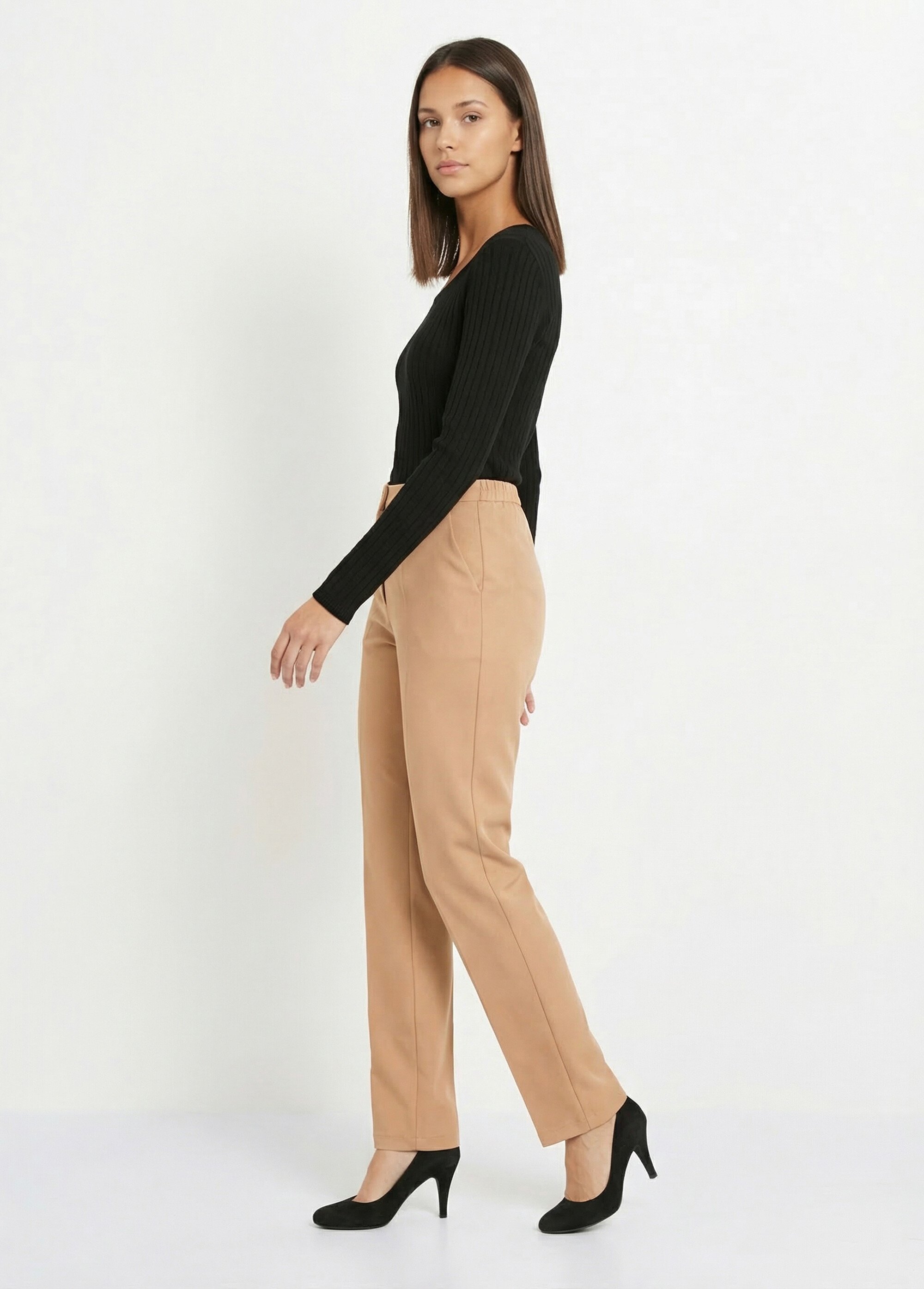 Pantalon droit uni taille semi élastiquée Femme Beige NAVARRO DR1