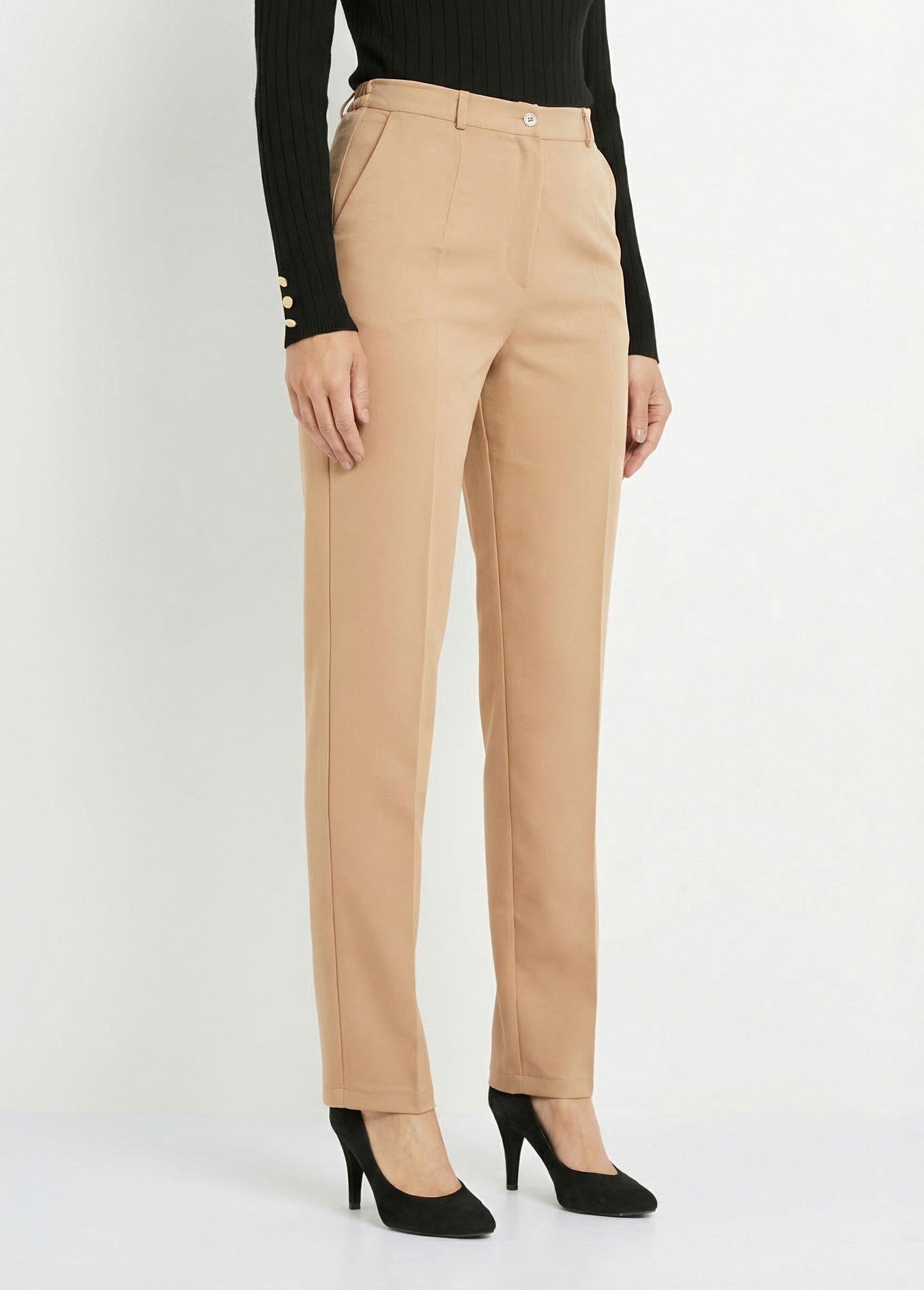 Pantalon droit uni taille semi élastiquée Femme Beige NAVARRO FA1