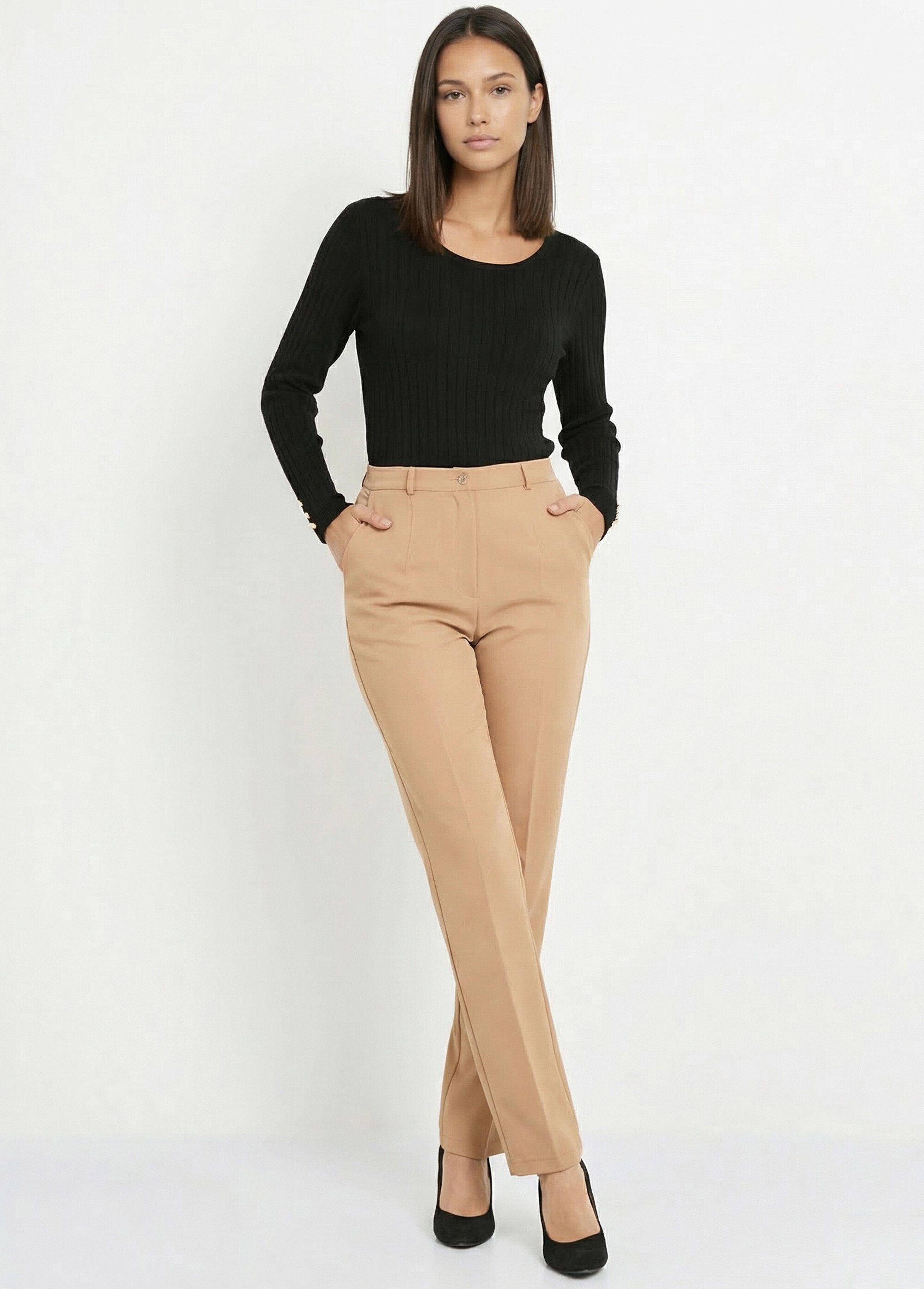 Pantalon droit uni taille semi élastiquée Femme Beige NAVARRO MV1