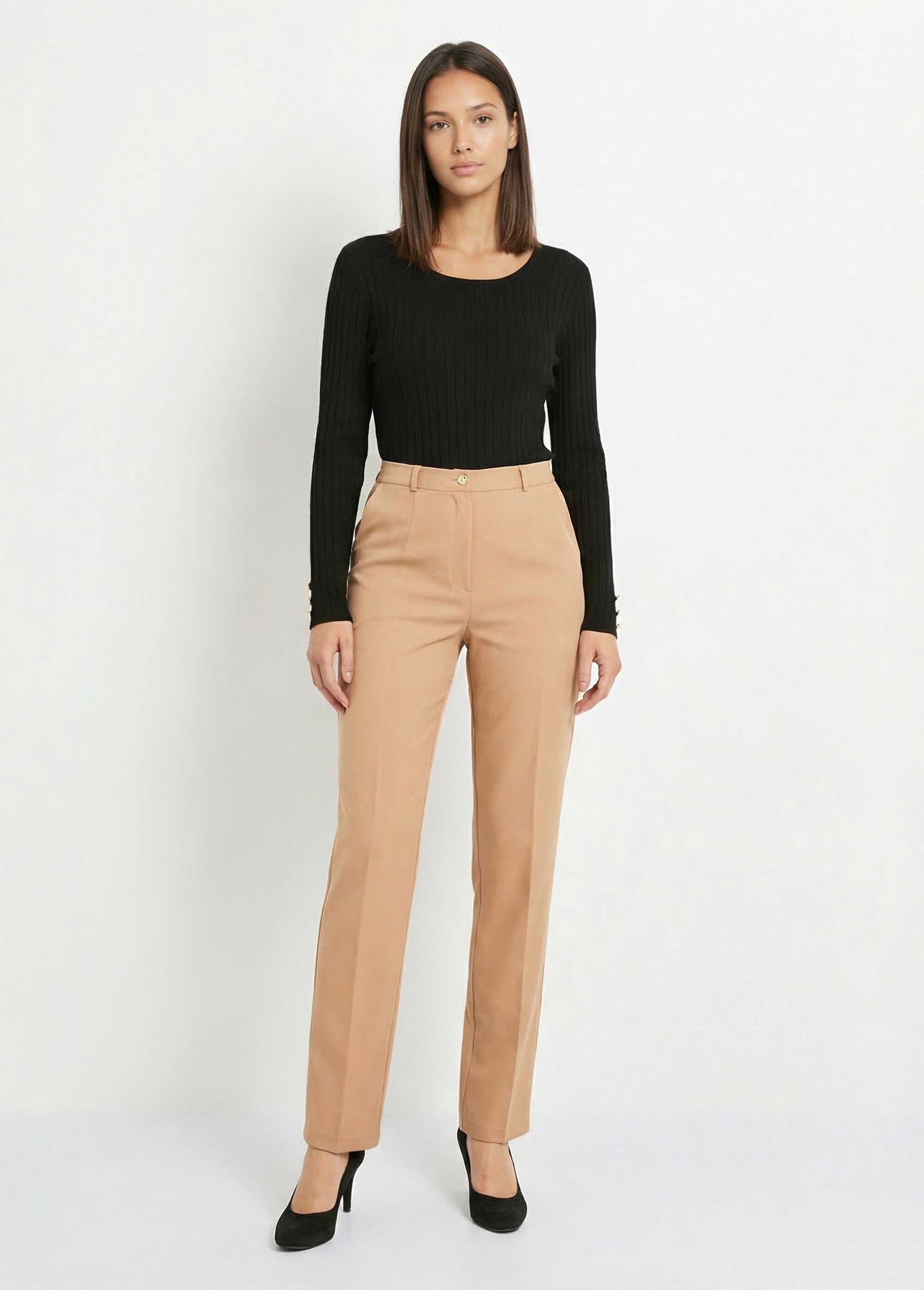 Pantalon droit uni taille semi élastiquée Femme Beige NAVARRO SF1